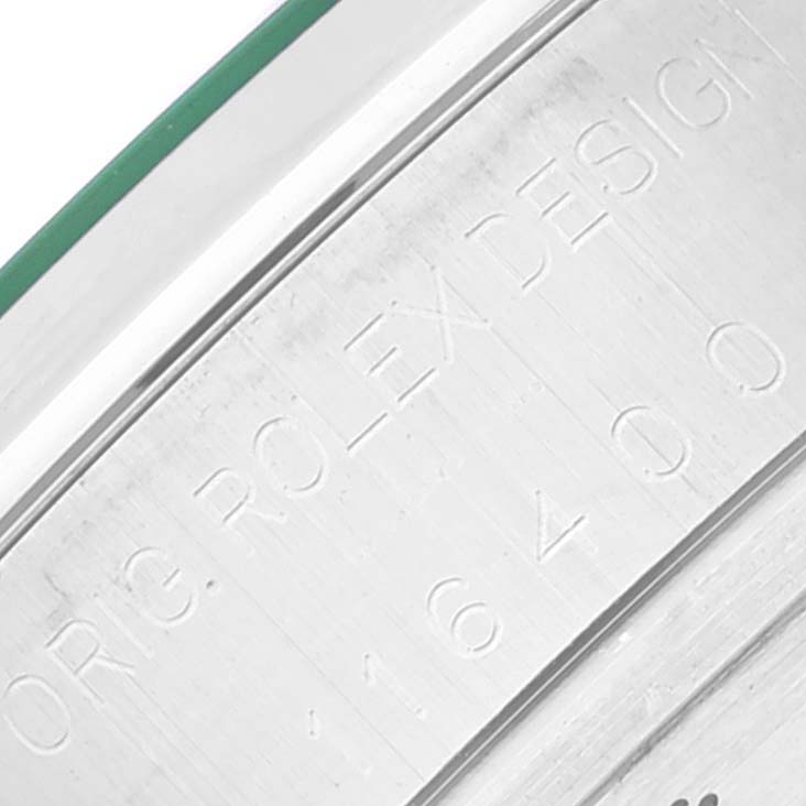 This close-up image shows the engraved side of the case for a Rolex Milgauss 116400 Men
s Stainless Steel Black Dial 116400 Men
s Stainless Steel Black Dial watch.