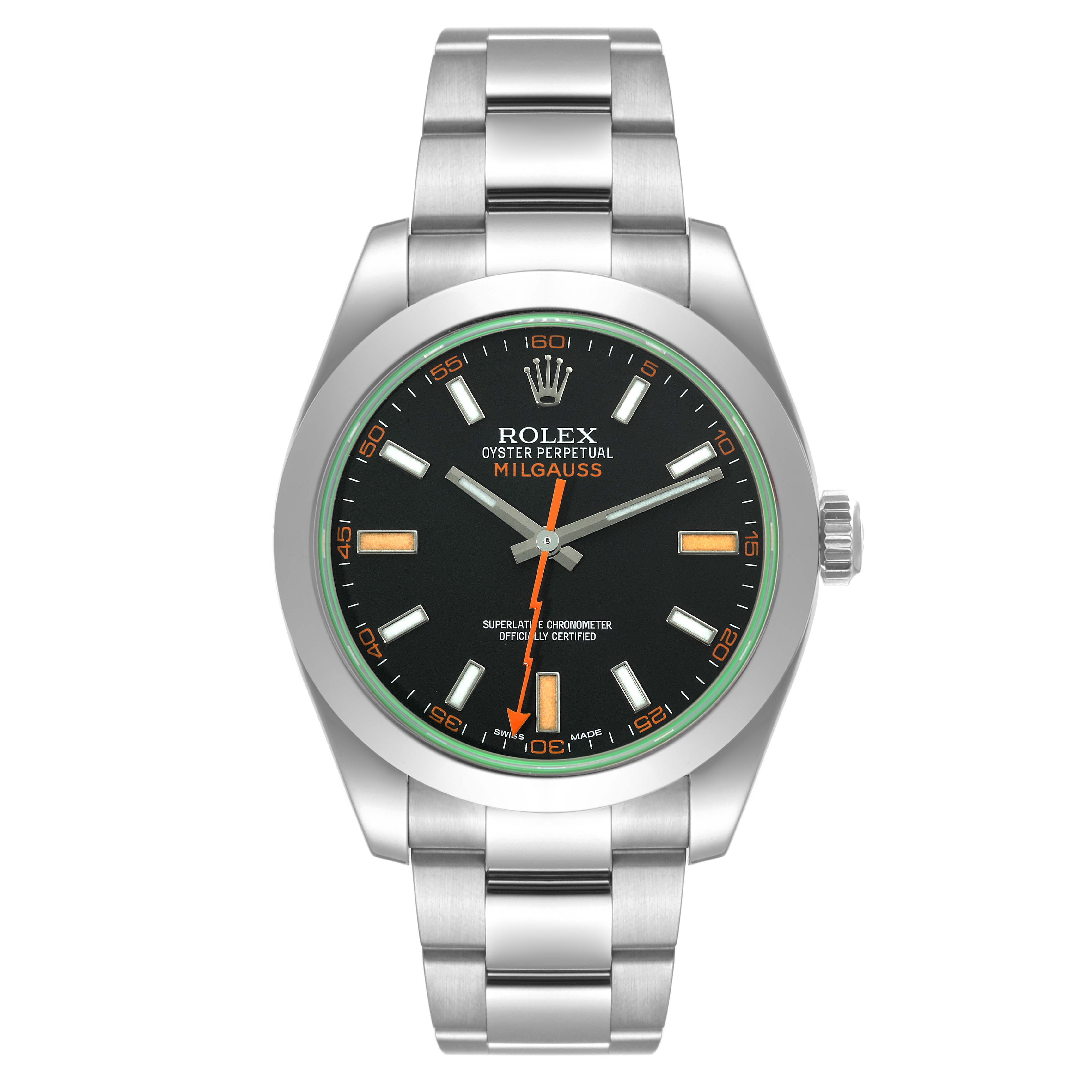 The image shows a front view of the Rolex Milgauss 116400 Men
s Stainless Steel Black Dial 116400 Men
s Stainless Steel Black Dial watch, highlighting the face, case, bracelet, and crown.