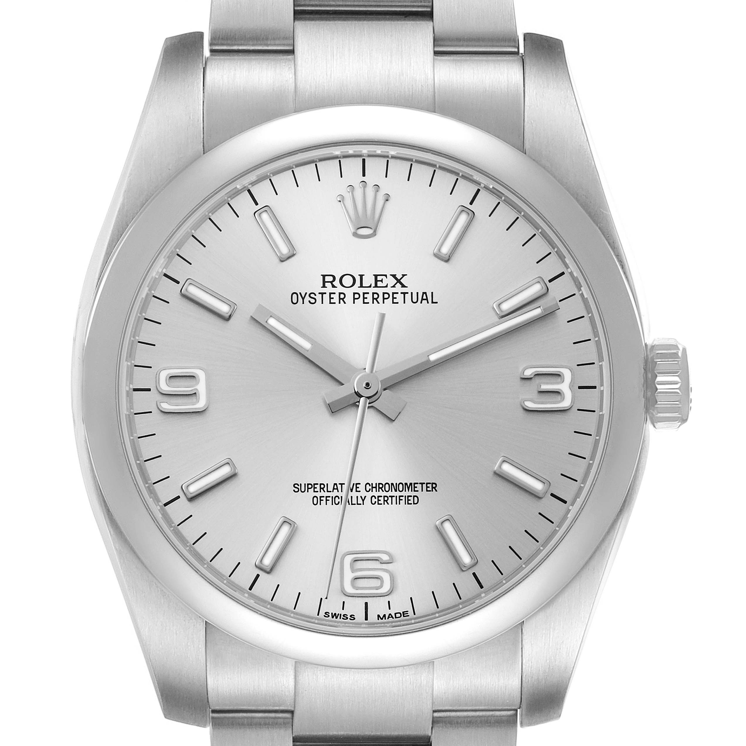 The image shows a front view of a Rolex Oyster Perpetual 116000 Men's Stainless Steel Silver Dial 116000 Men's Stainless Steel Silver Dial watch, highlighting its face, bezel, and part of the bracelet.