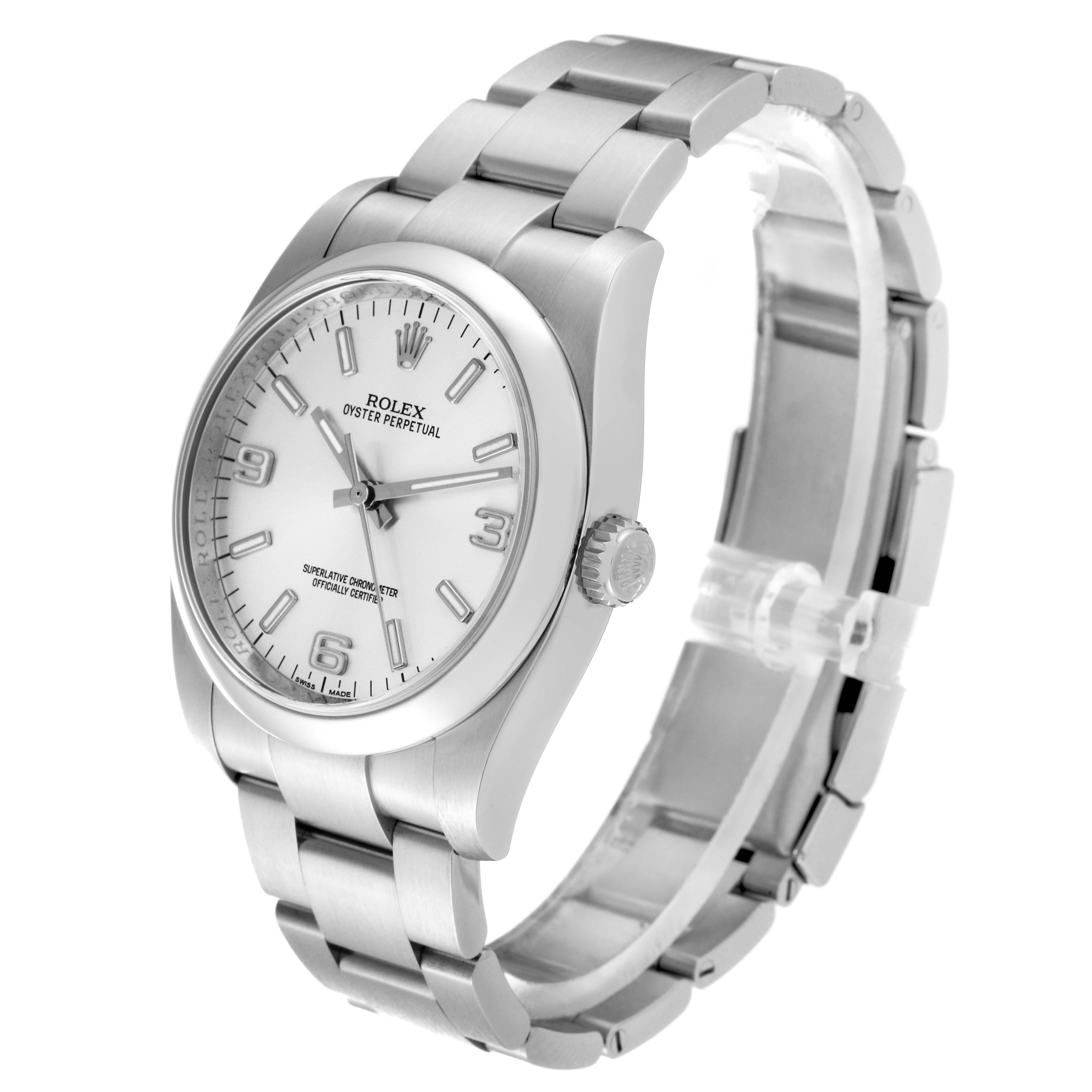 The image shows a side and partial frontal view of a Rolex Oyster Perpetual 116000 Men's Stainless Steel Silver Dial 116000 Men's Stainless Steel Silver Dial watch, highlighting the bracelet, crown, and face.