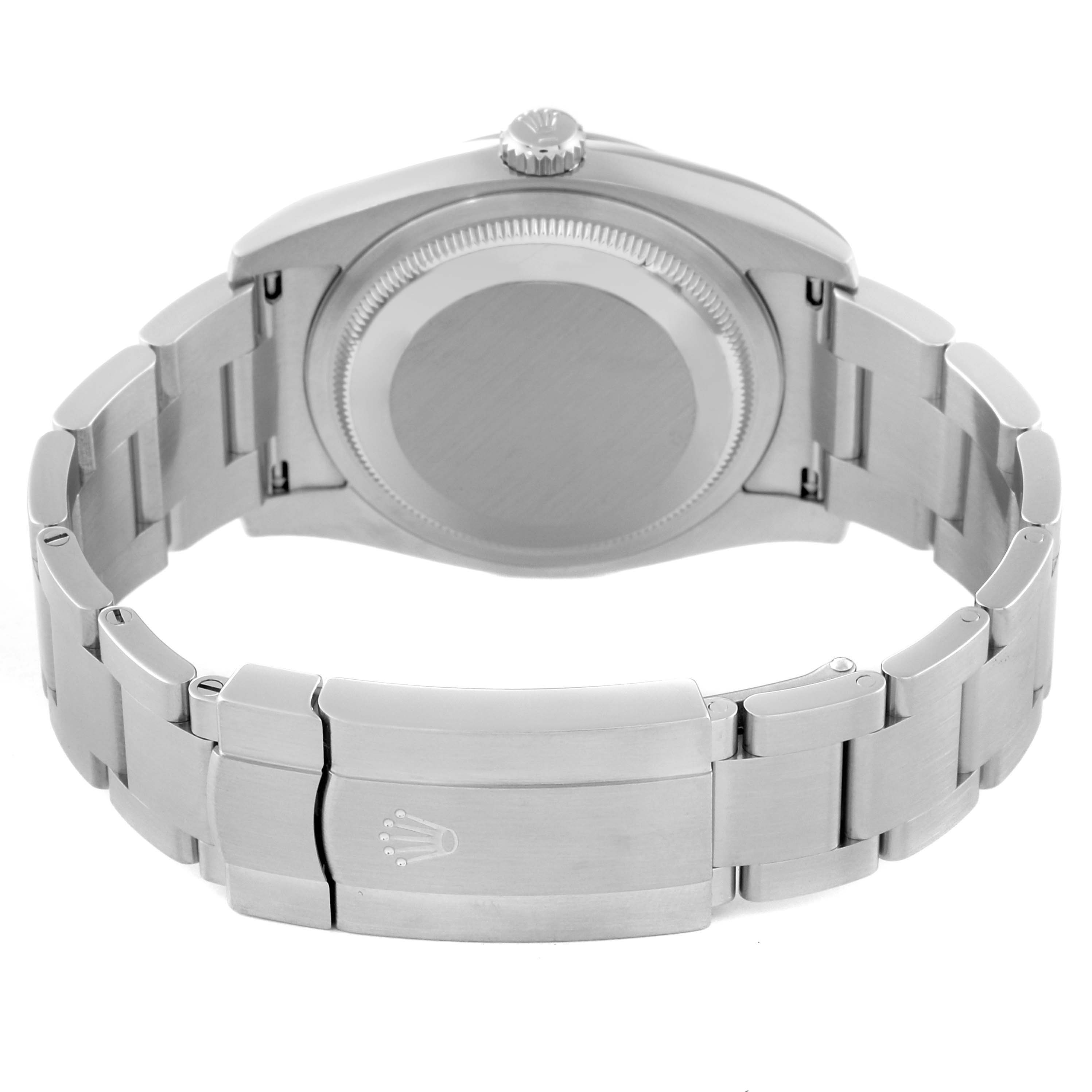 This image shows the back of a Rolex Oyster Perpetual 116000 Men's Stainless Steel Silver Dial 116000 Men's Stainless Steel Silver Dial watch, focusing on the case back and bracelet with clasp.
