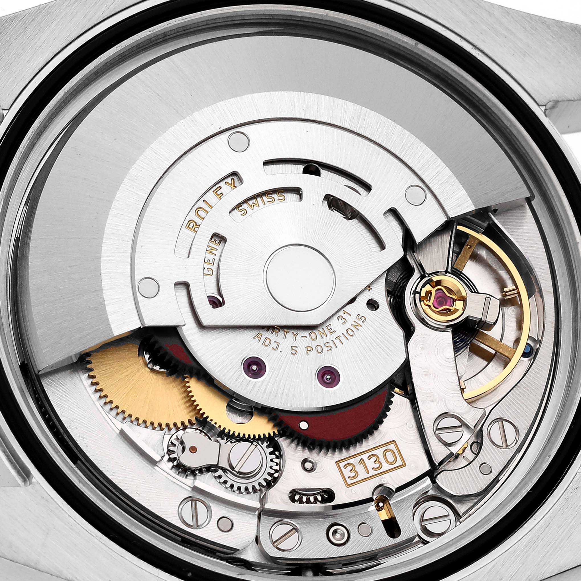 The image shows the internal mechanical movement of a Rolex Oyster Perpetual 116000 Men's Stainless Steel Silver Dial 116000 Men's Stainless Steel Silver Dial watch, viewed from the back.
