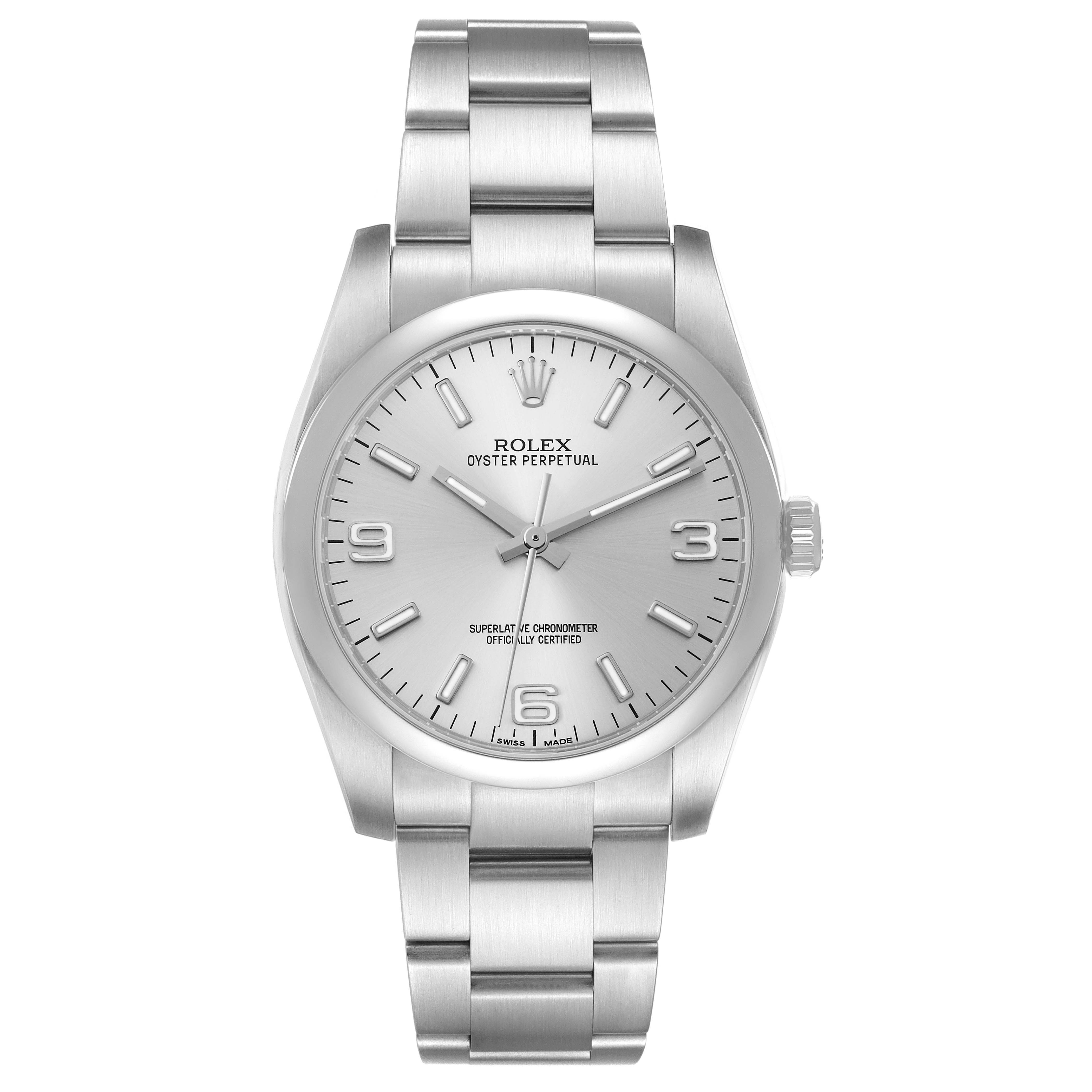 The image shows a front view of a Rolex Oyster Perpetual 116000 Men's Stainless Steel Silver Dial 116000 Men's Stainless Steel Silver Dial watch, displaying the dial, bracelet, and crown.