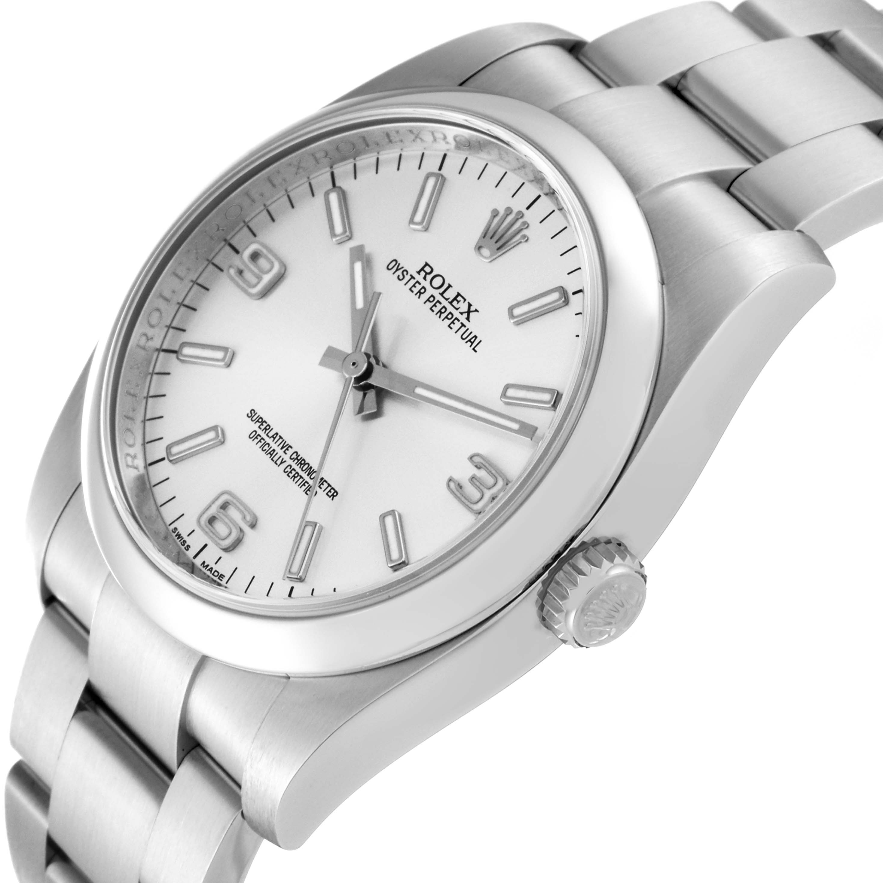 The image shows a close-up shot of a Rolex Oyster Perpetual 116000 Men's Stainless Steel Silver Dial 116000 Men's Stainless Steel Silver Dial watch, highlighting the dial, hands, crown, and bracelet.
