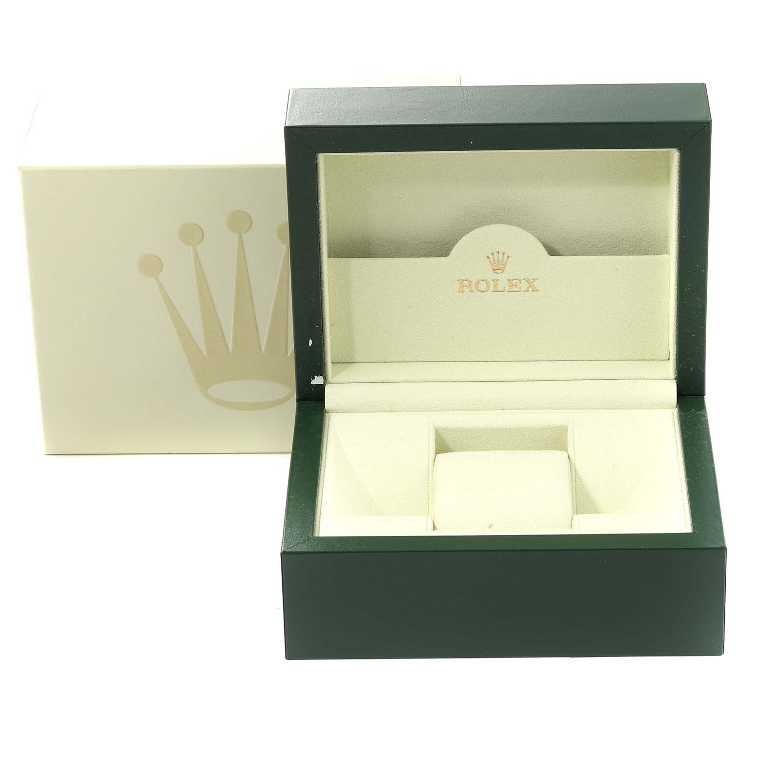 This image shows the open presentation box and outer packaging for a Rolex Oyster Perpetual 116000 Men's Stainless Steel Silver Dial 116000 Men's Stainless Steel Silver Dial watch, viewed from the front.