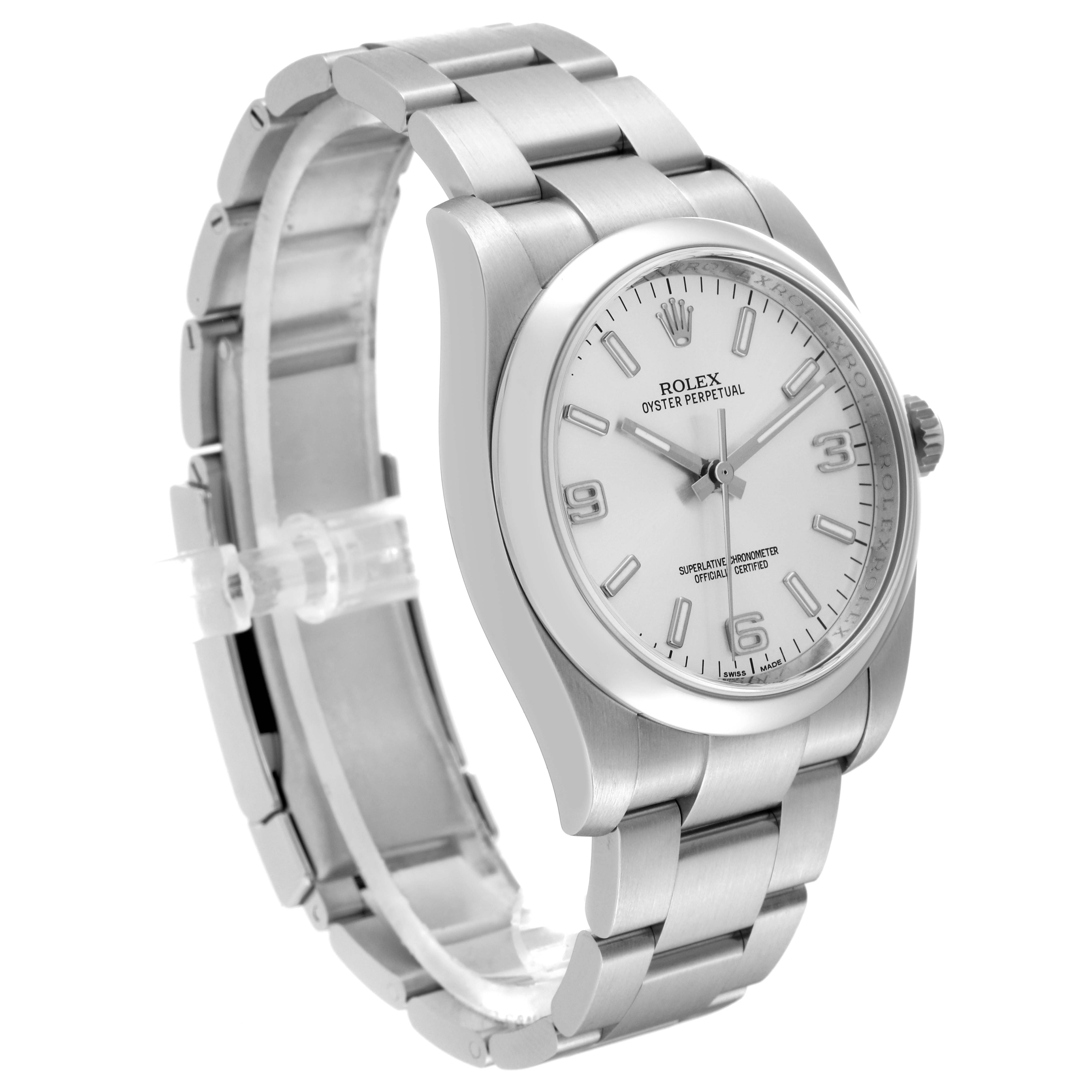 The image shows a side-angle view of a Rolex Oyster Perpetual 116000 Men's Stainless Steel Silver Dial 116000 Men's Stainless Steel Silver Dial watch, highlighting the dial, bracelet, and part of the clasp.