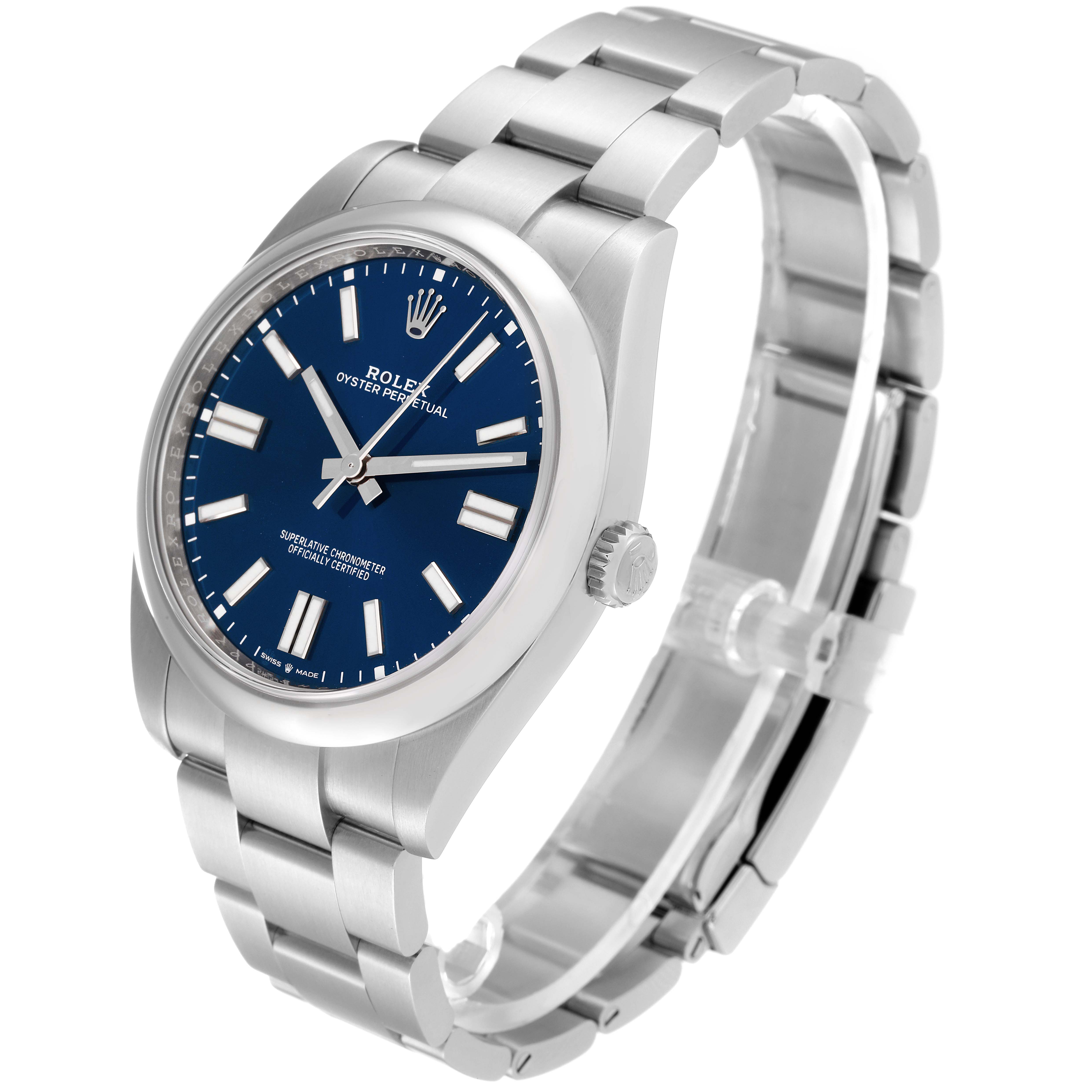 The Rolex Oyster Perpetual 124300 Men
s Stainless Steel Blue Dial 124300 Men
s Stainless Steel Blue Dial watch is shown at an angle highlighting its face, bezel, crown, and bracelet.