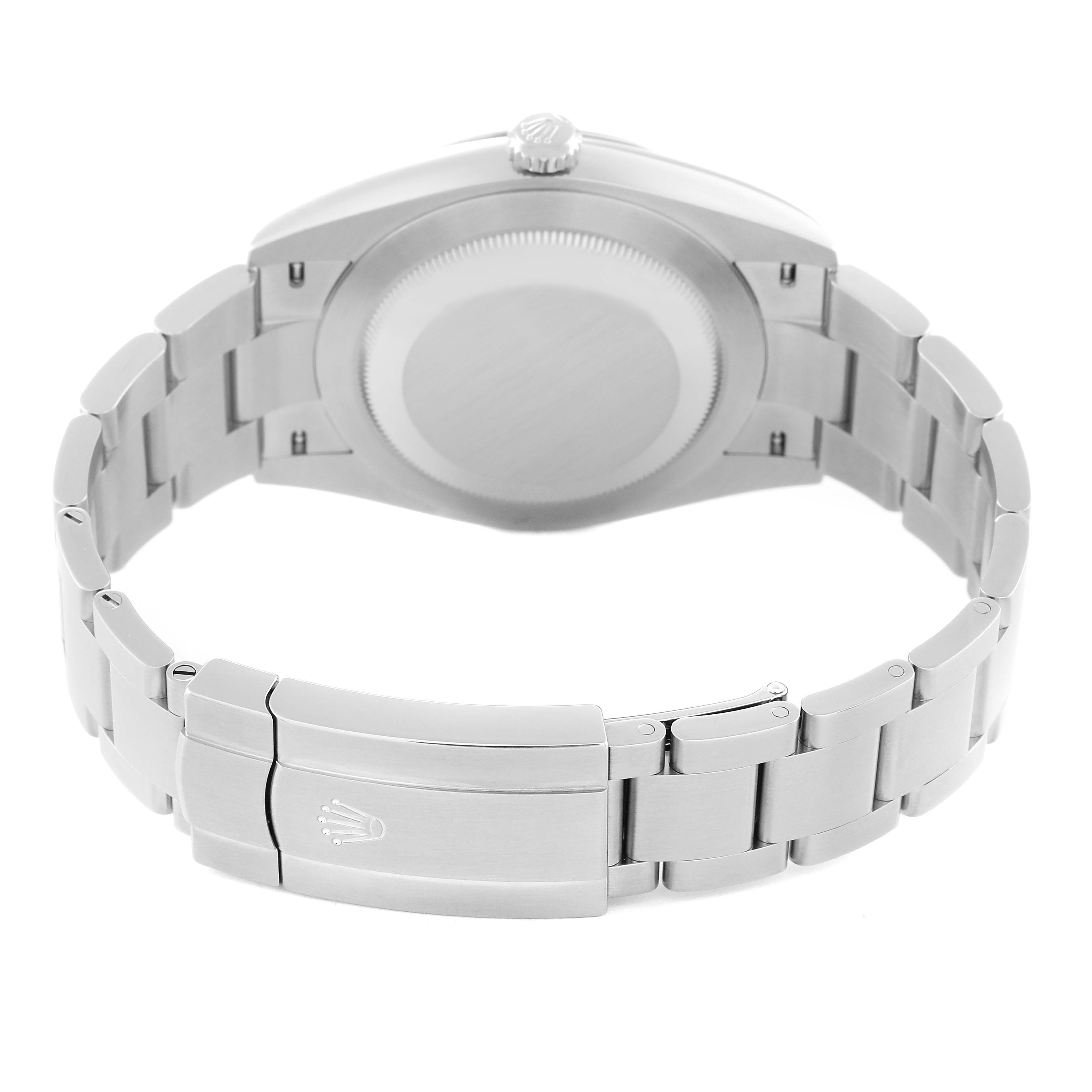 This image shows the back case and bracelet clasp of a Rolex Oyster Perpetual 124300 Men
s Stainless Steel Blue Dial 124300 Men
s Stainless Steel Blue Dial watch.