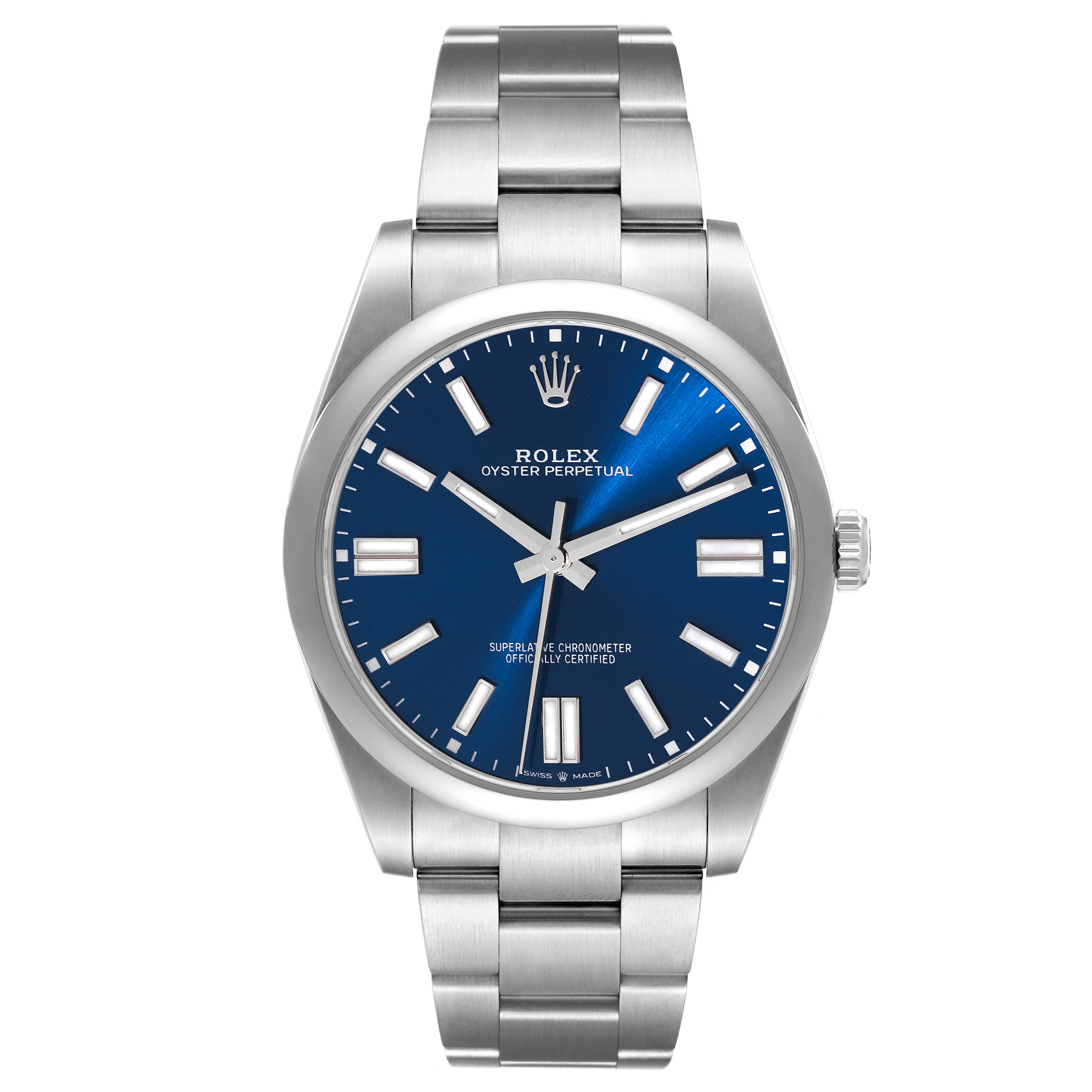 This image shows a frontal view of the Rolex Oyster Perpetual 124300 Men
s Stainless Steel Blue Dial 124300 Men
s Stainless Steel Blue Dial watch with a blue dial and stainless steel bracelet.