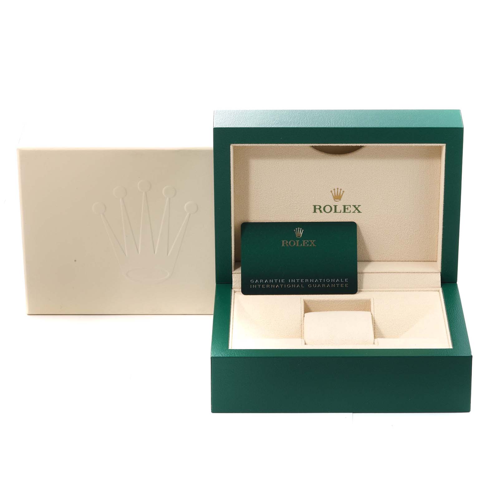 The image shows the packaging for a Rolex Oyster Perpetual 124300 Men
s Stainless Steel Blue Dial 124300 Men
s Stainless Steel Blue Dial watch, including the presentation box, and an international guarantee card.