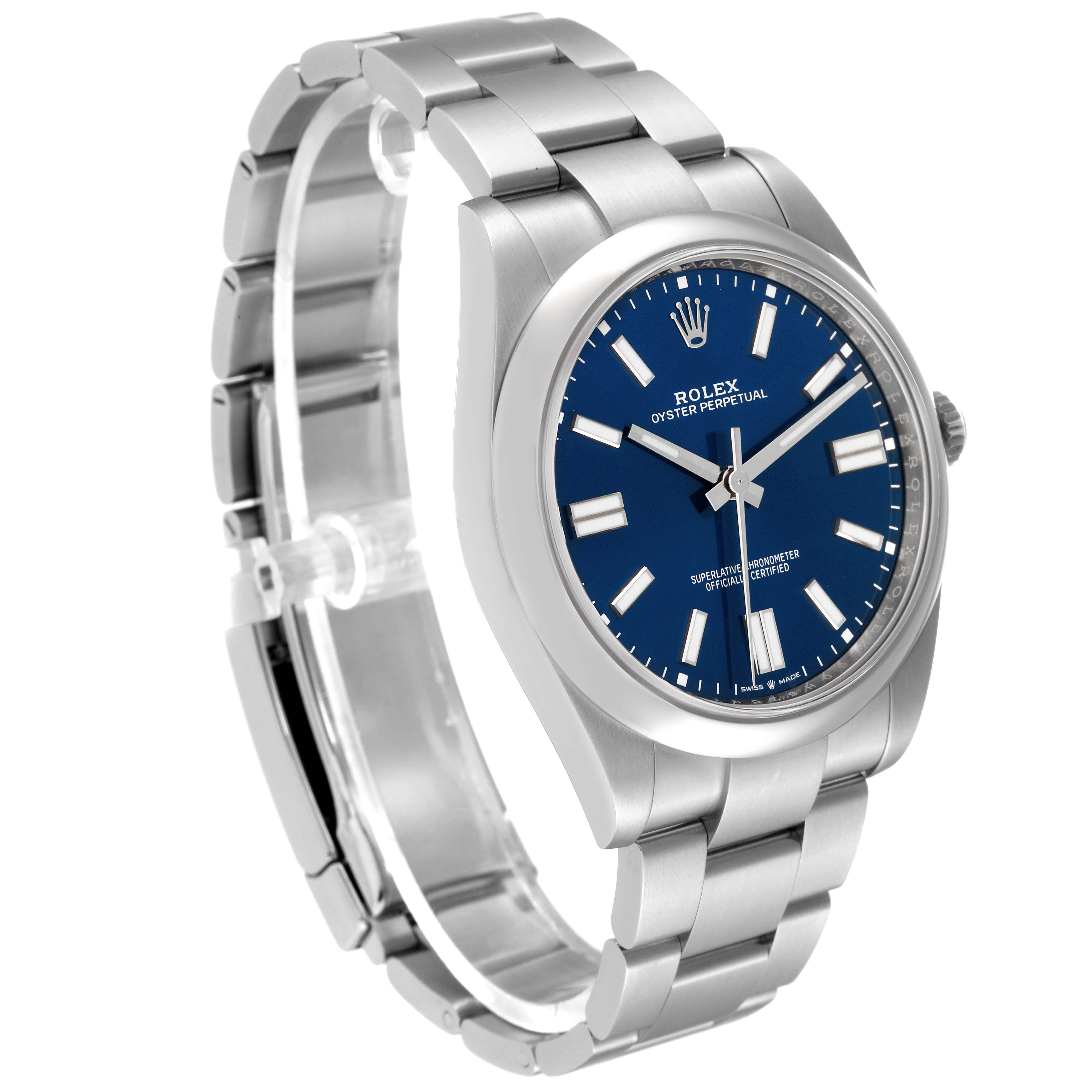 This image shows a Rolex Oyster Perpetual 124300 Men
s Stainless Steel Blue Dial 124300 Men
s Stainless Steel Blue Dial watch at an angled side view, highlighting the blue dial, bezel, case, and bracelet.