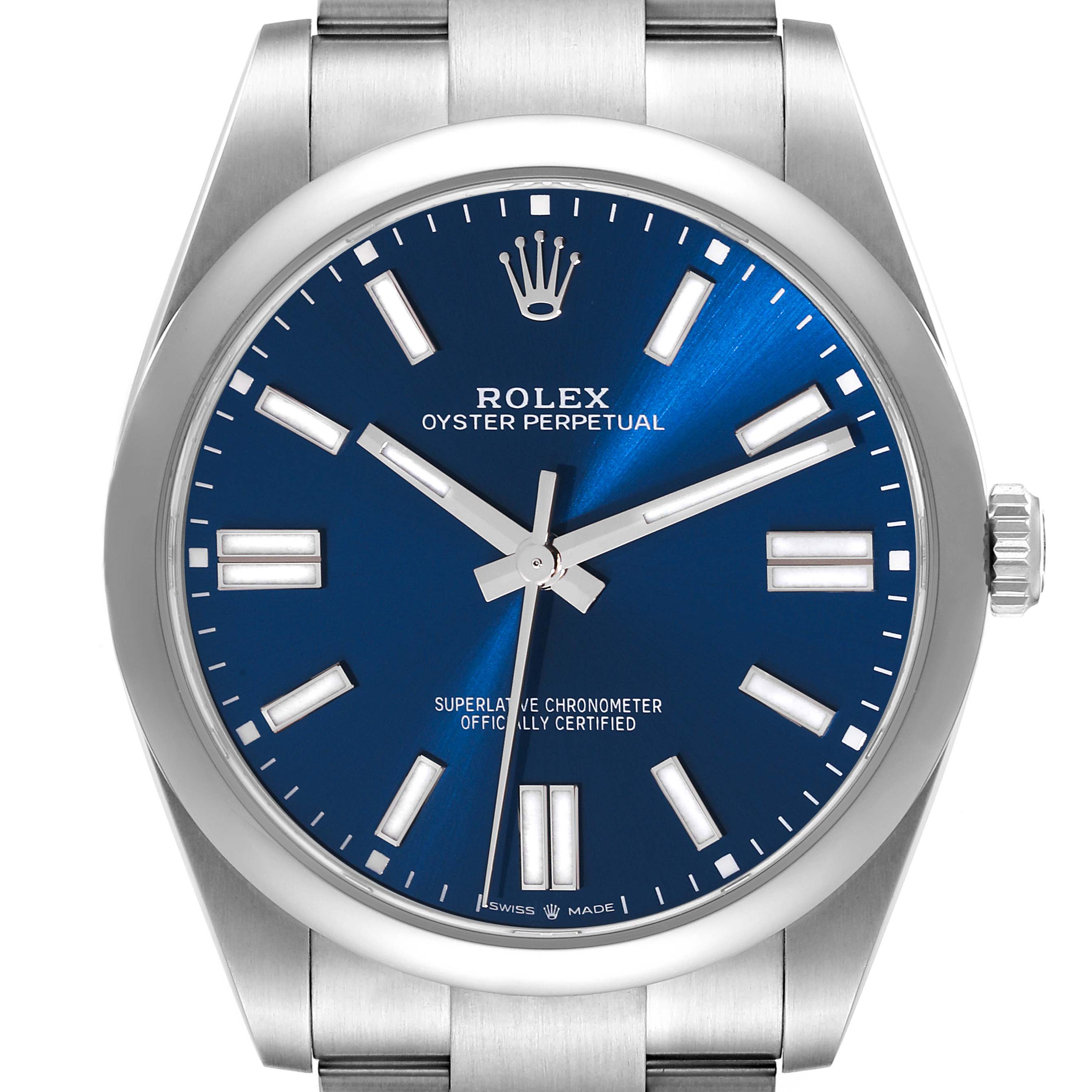 This image shows a front view of a Rolex Oyster Perpetual 124300 Men
s Stainless Steel Blue Dial 124300 Men
s Stainless Steel Blue Dial watch, highlighting its blue dial, stainless steel case, and bracelet.
