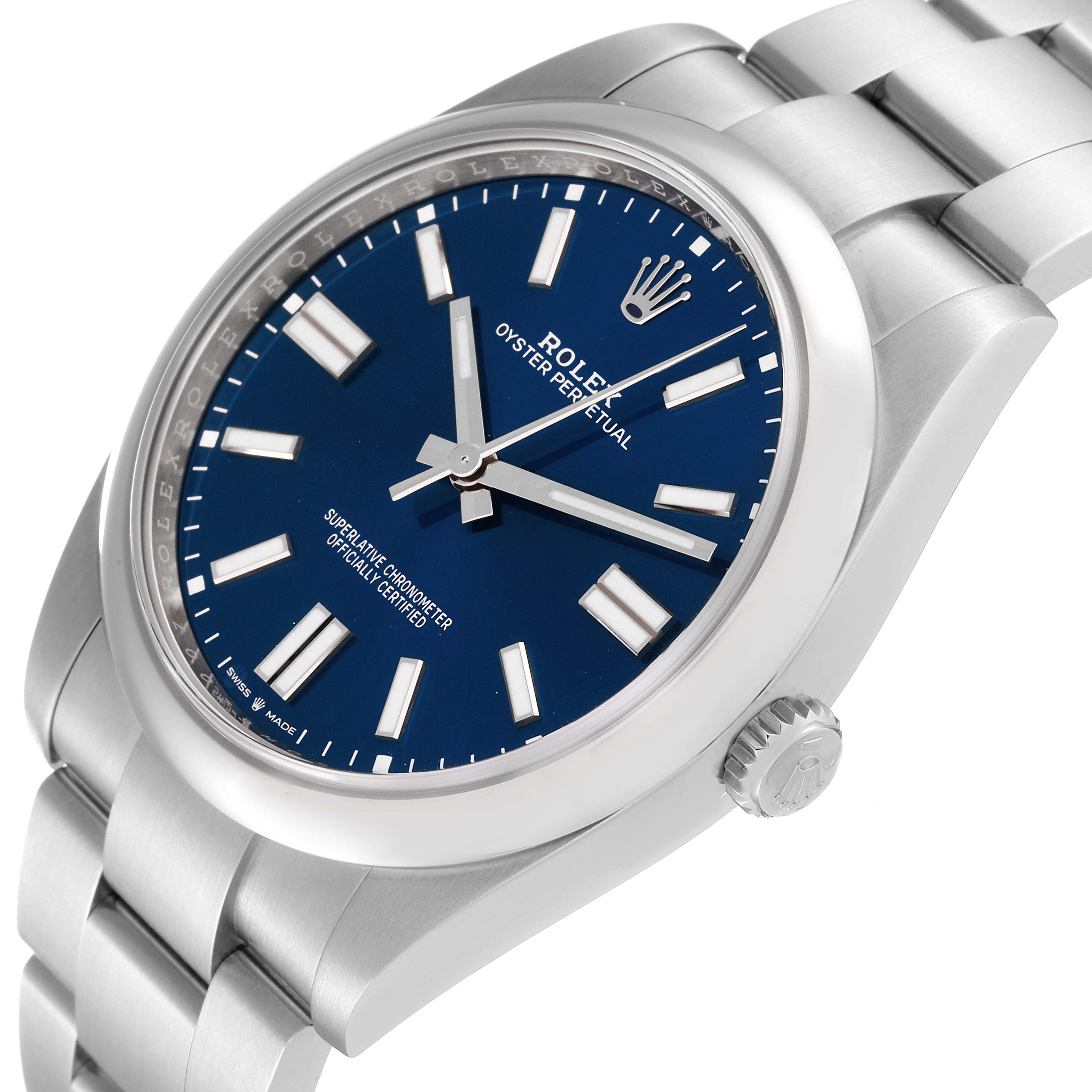 The Rolex Oyster Perpetual 124300 Men
s Stainless Steel Blue Dial 124300 Men
s Stainless Steel Blue Dial watch is shown from an angled side view, highlighting the blue dial, case, crown, and part of the bracelet.