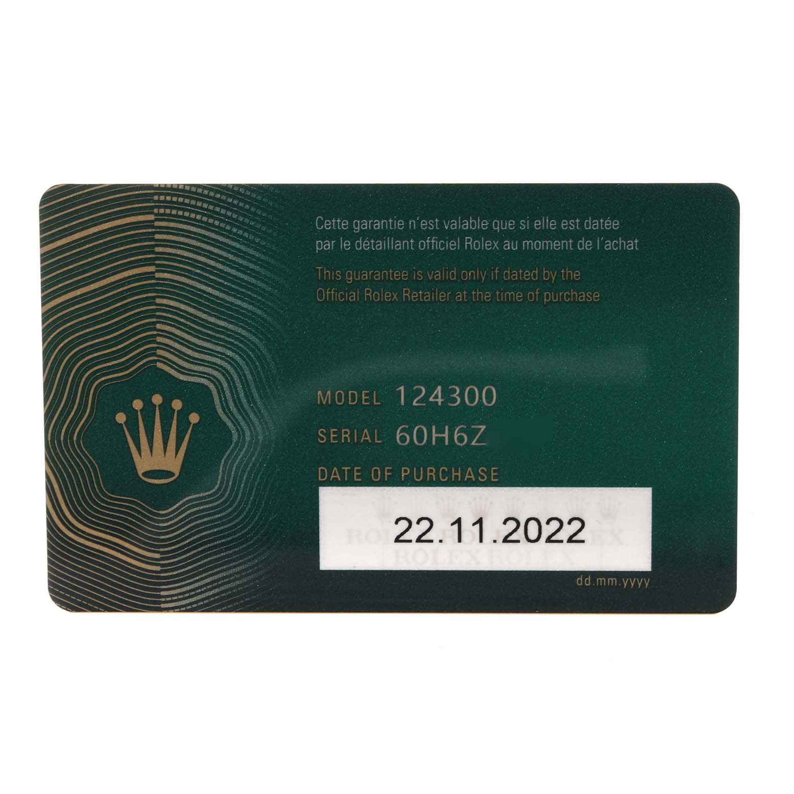 The image shows a warranty card for the Rolex Oyster Perpetual 124300 Men
s Stainless Steel Blue Dial 124300 Men
s Stainless Steel Blue Dial model 124300, displaying serial number 60H6Z and purchase date 22.11.2022.