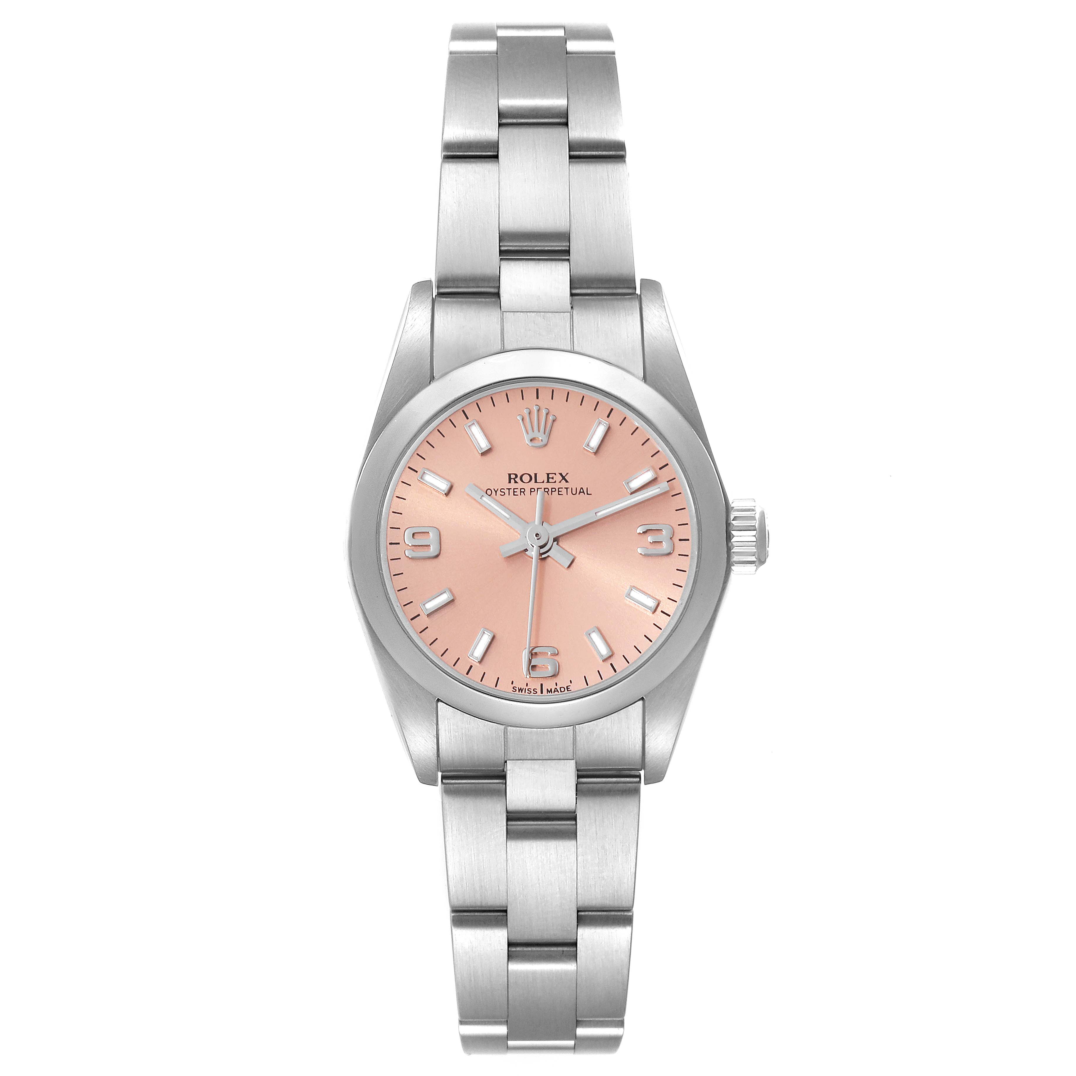 The image shows a front view of the Rolex Oyster Perpetual 76080 Women's Stainless Steel Pink Dial 76080 Women's Stainless Steel Pink Dial watch, displaying the face, bezel, case, and bracelet.