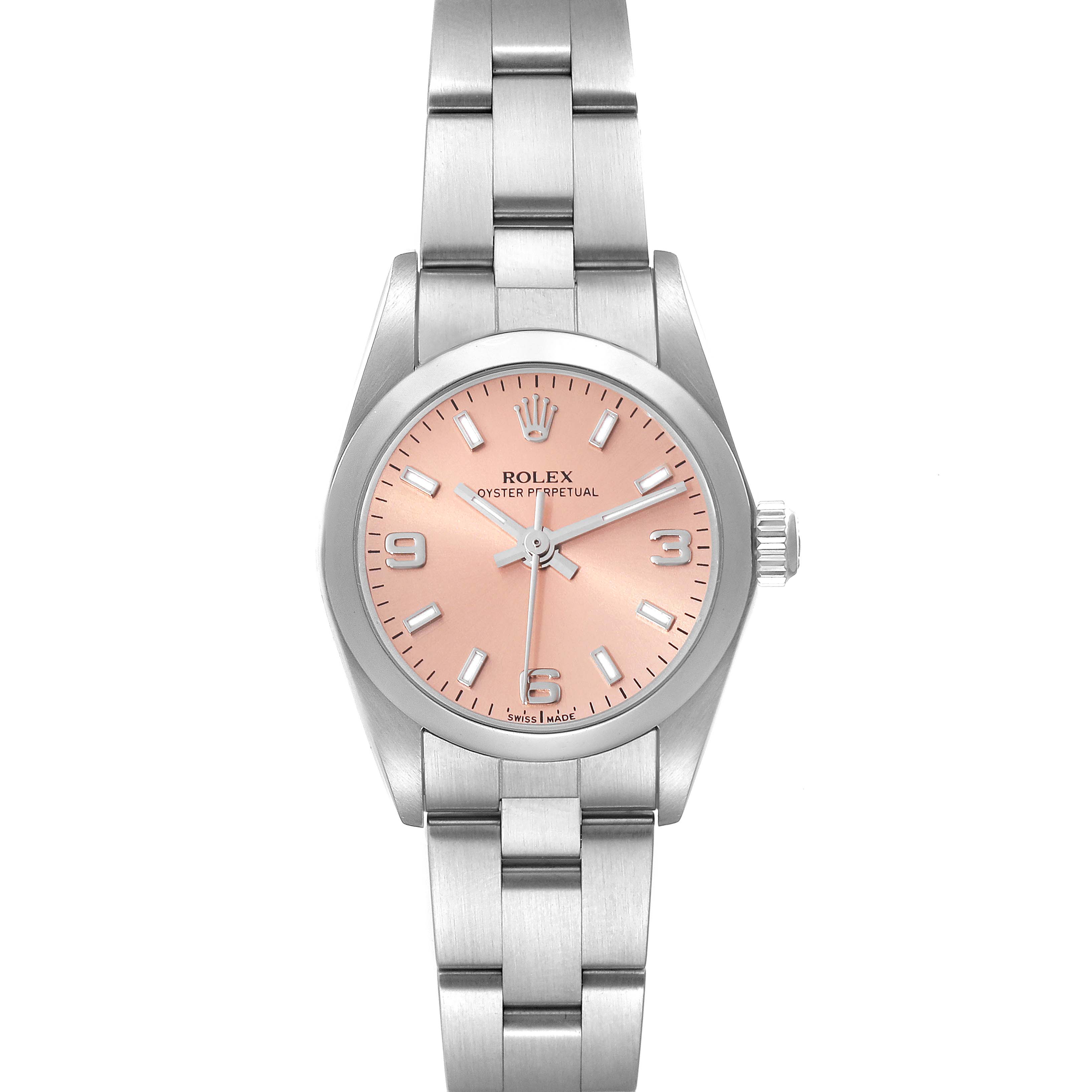 The image shows a frontal view of the Rolex Oyster Perpetual 76080 Women's Stainless Steel Pink Dial 76080 Women's Stainless Steel Pink Dial watch, highlighting its pink dial and stainless steel bracelet.