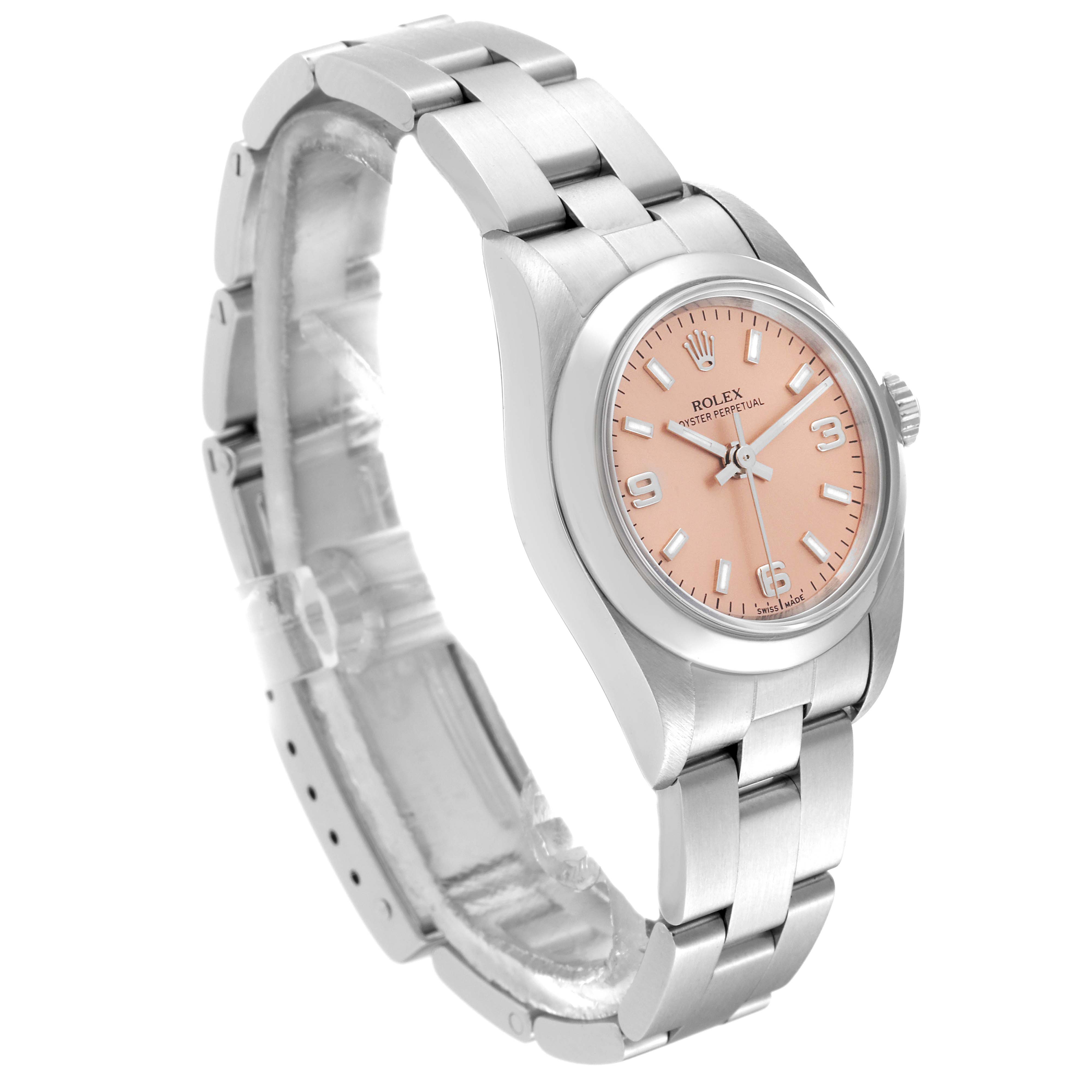 The image shows a Rolex Oyster Perpetual 76080 Women's Stainless Steel Pink Dial 76080 Women's Stainless Steel Pink Dial watch at an angled view, highlighting its face, bezel, crown, and part of its bracelet.