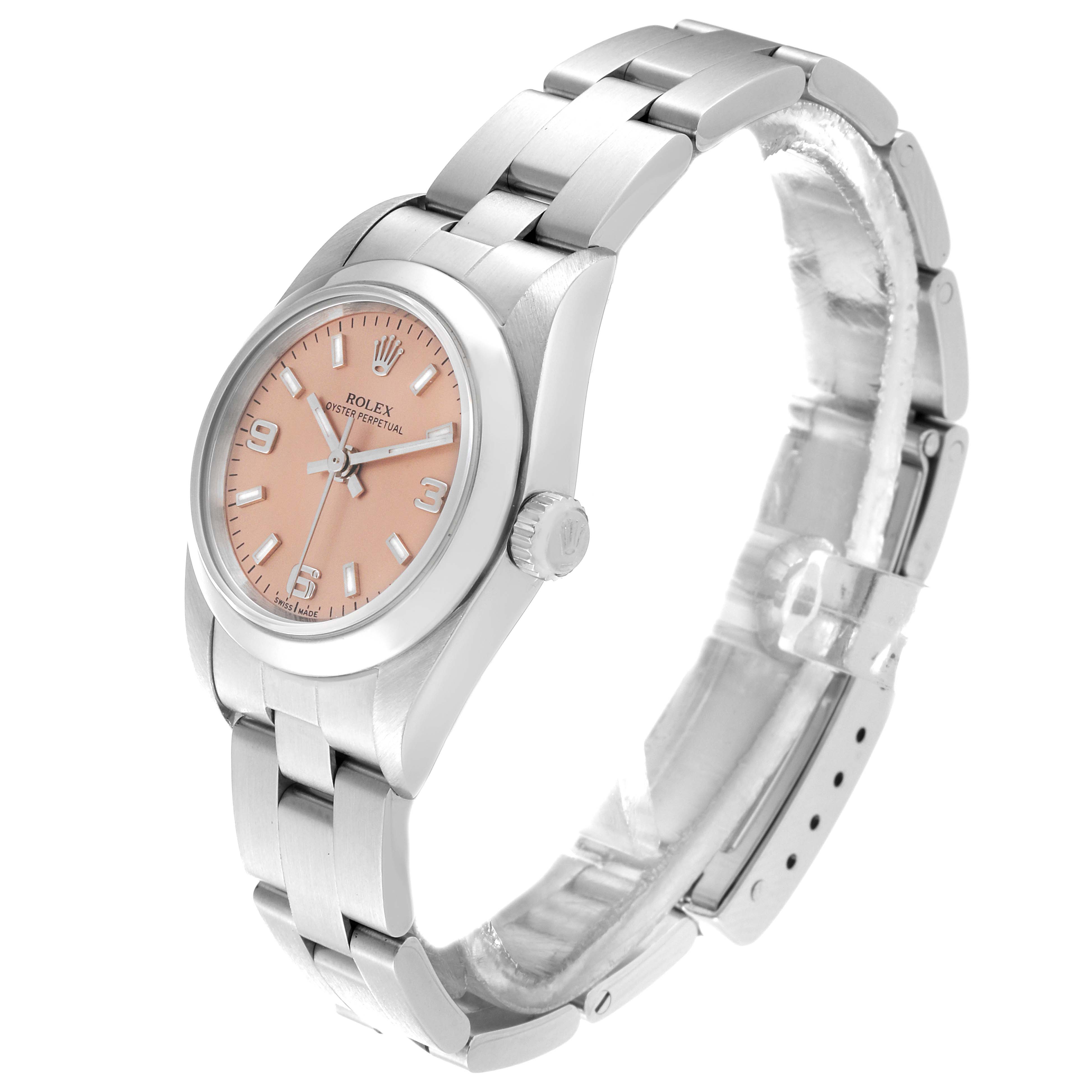 This image shows a Rolex Oyster Perpetual 76080 Women's Stainless Steel Pink Dial 76080 Women's Stainless Steel Pink Dial watch at a three-quarter angle, highlighting its peach dial and stainless steel bracelet.