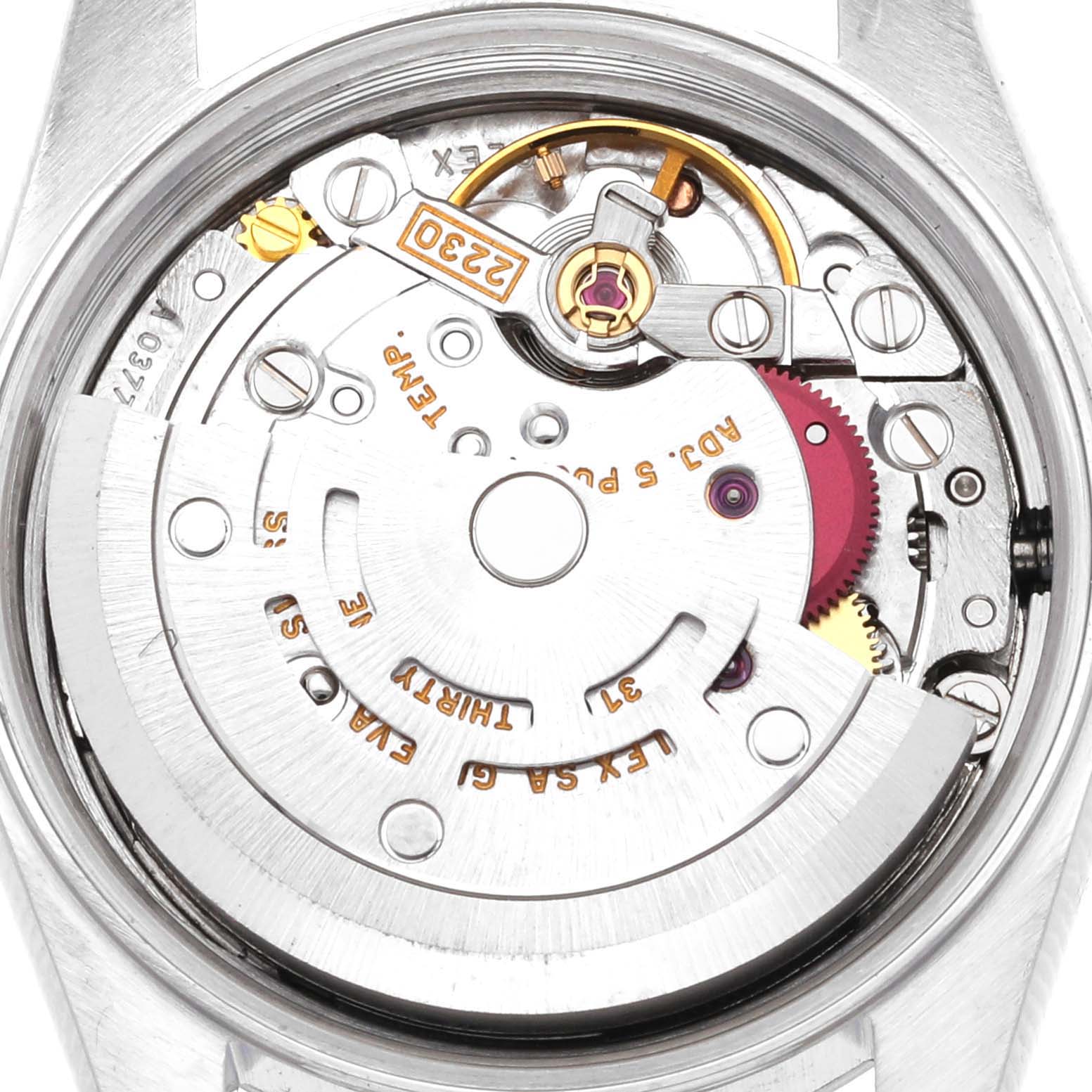 The image shows the internal mechanism and movement of a Rolex Oyster Perpetual 76080 Women's Stainless Steel Pink Dial 76080 Women's Stainless Steel Pink Dial watch from a back angle.