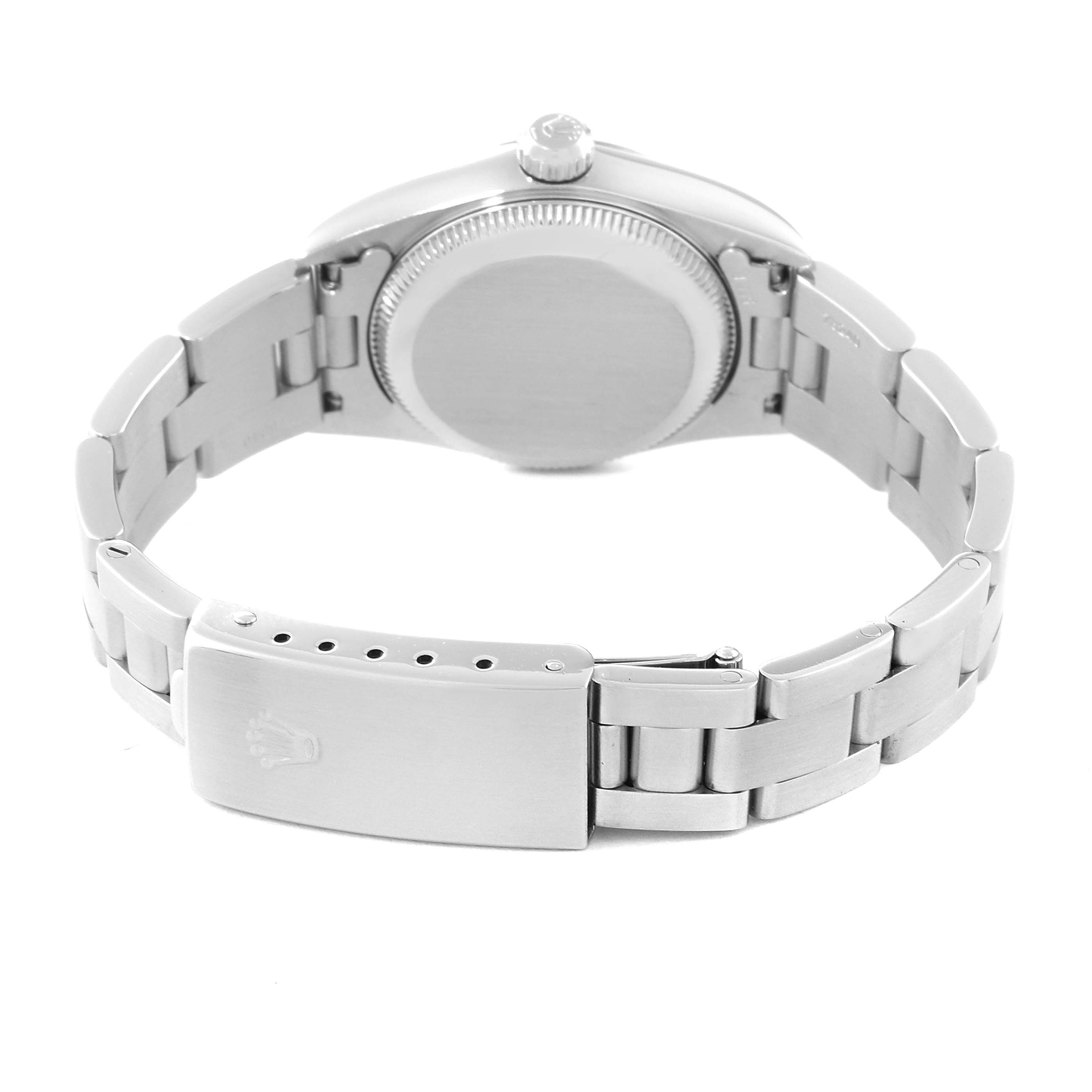 The image shows the back case and clasp of a Rolex Oyster Perpetual 76080 Women's Stainless Steel Pink Dial 76080 Women's Stainless Steel Pink Dial watch, with the bracelet partially open.