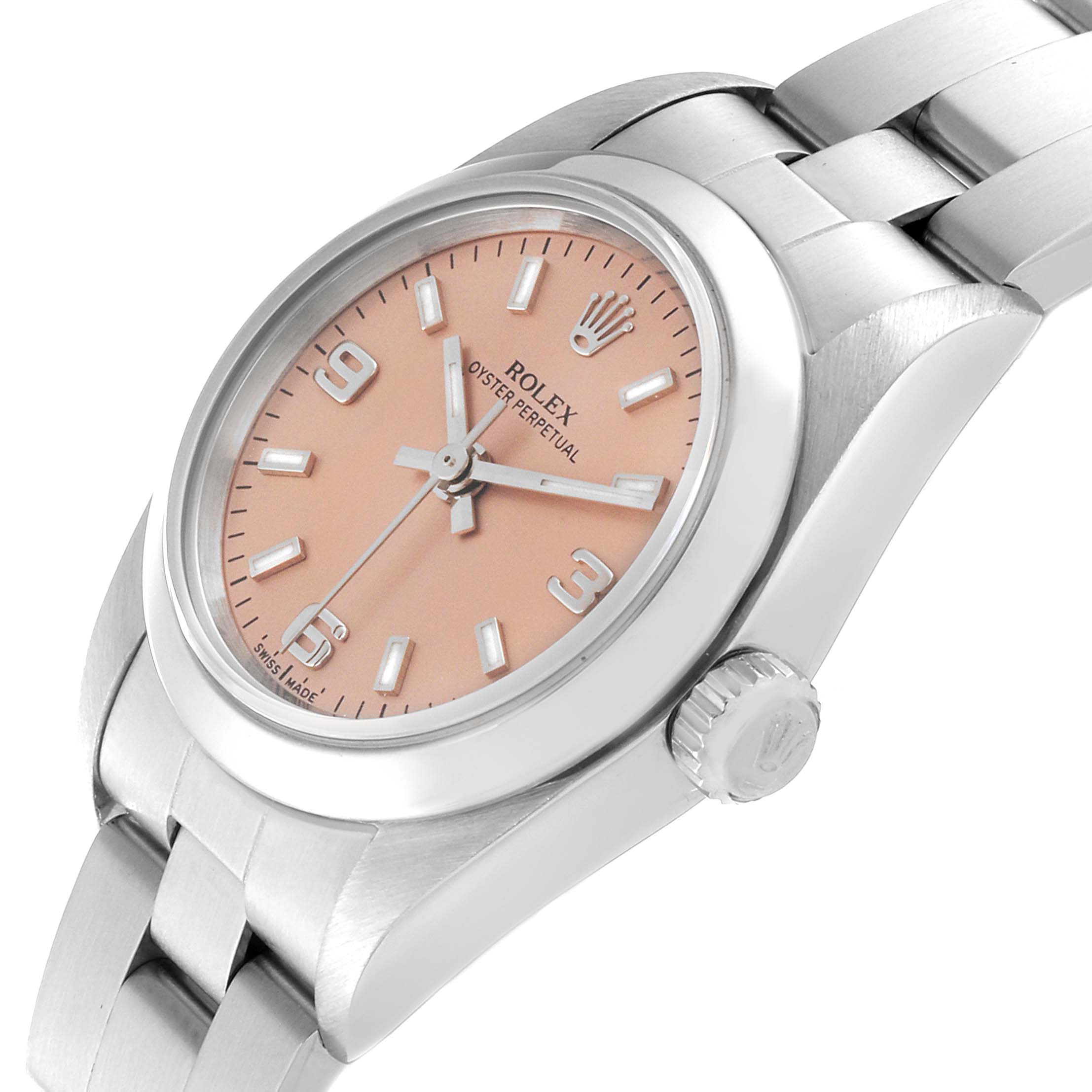 The image shows a side angle of the Rolex Oyster Perpetual 76080 Women's Stainless Steel Pink Dial 76080 Women's Stainless Steel Pink Dial watch, highlighting the dial, crown, and bracelet.