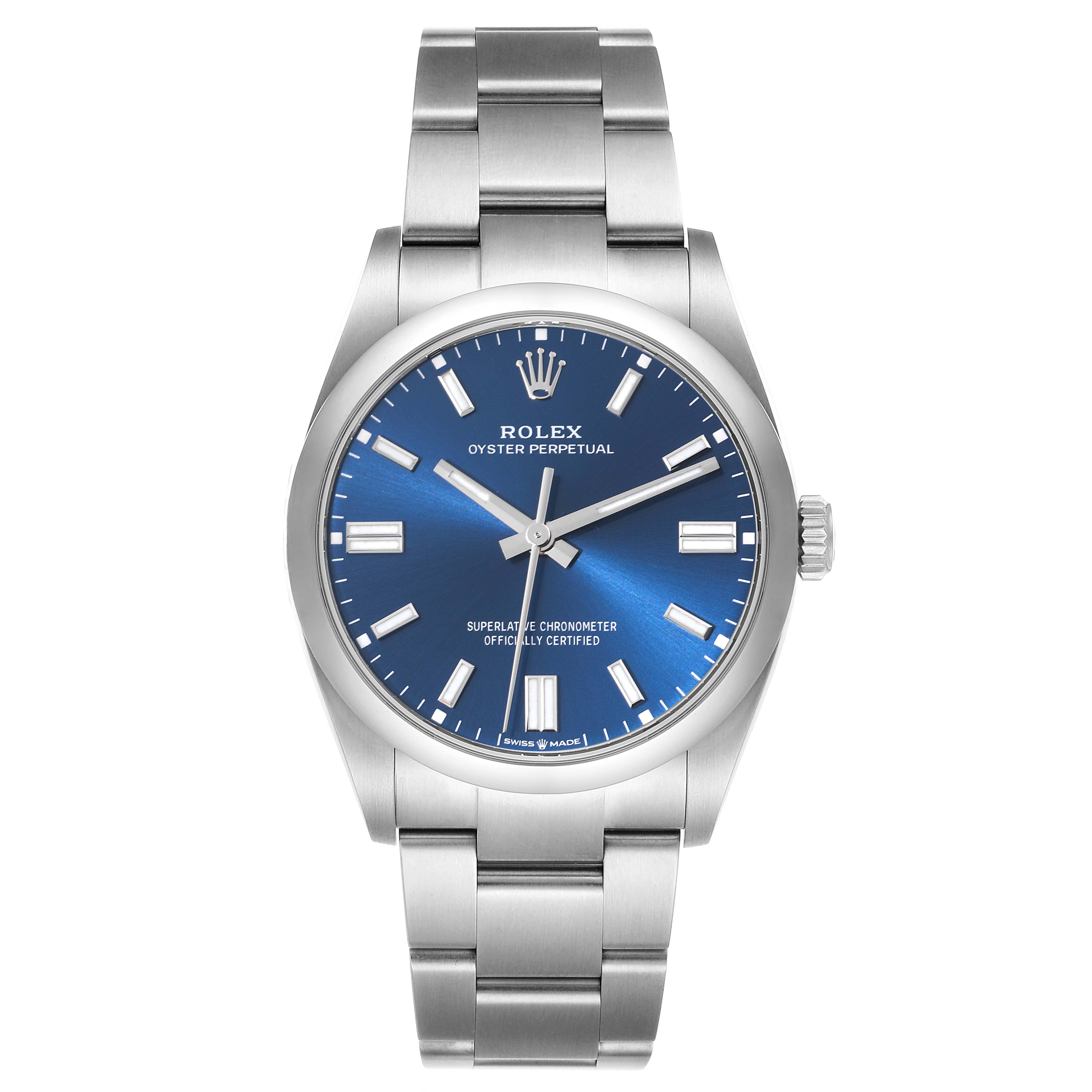 The image shows a front view of the Rolex Oyster Perpetual 126000 Men
s Stainless Steel Blue Dial 126000 Men
s Stainless Steel Blue Dial watch, highlighting its blue dial and stainless steel bracelet.