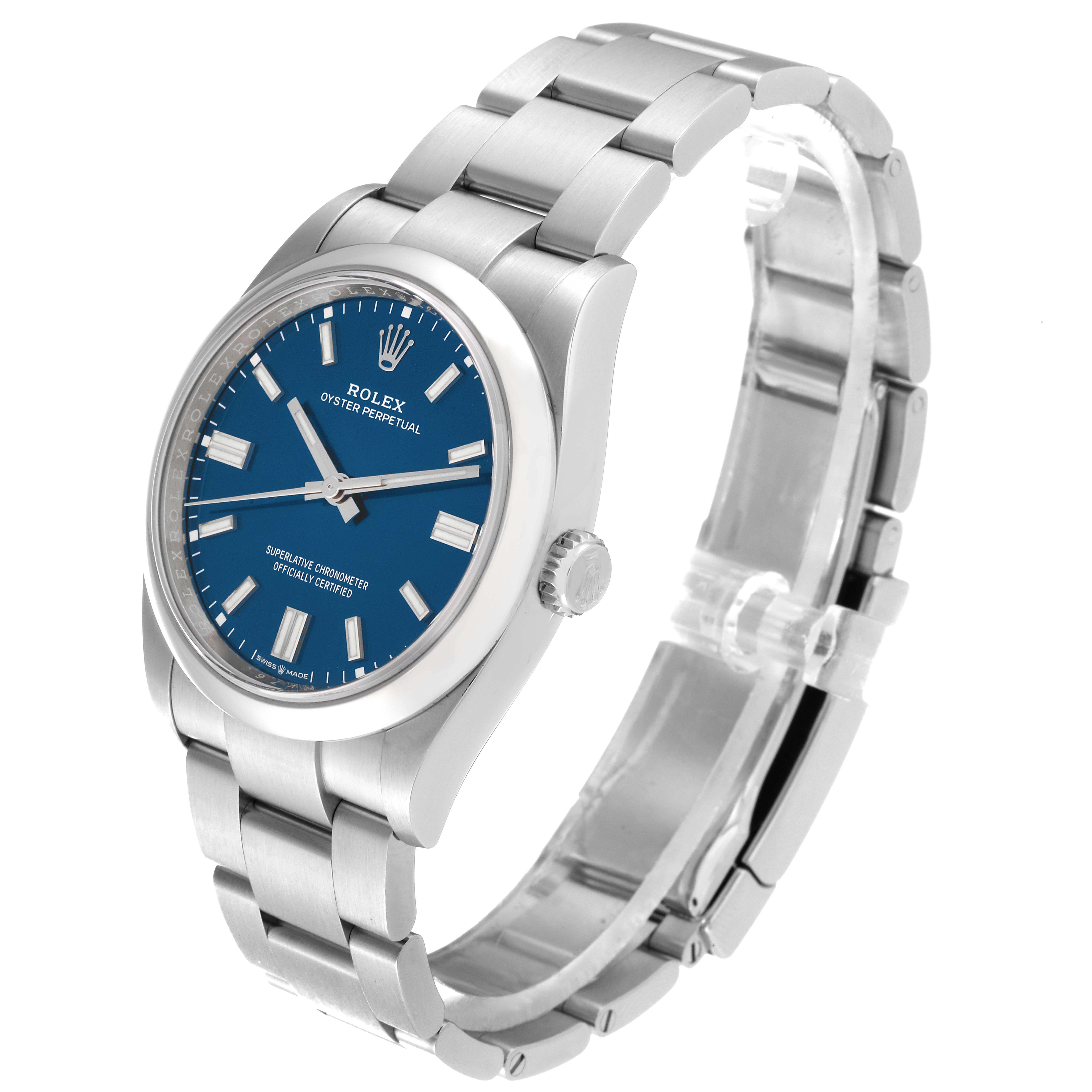 This image shows a side angle of the Rolex Oyster Perpetual 126000 Men
s Stainless Steel Blue Dial 126000 Men
s Stainless Steel Blue Dial watch, featuring its blue dial and metal bracelet.