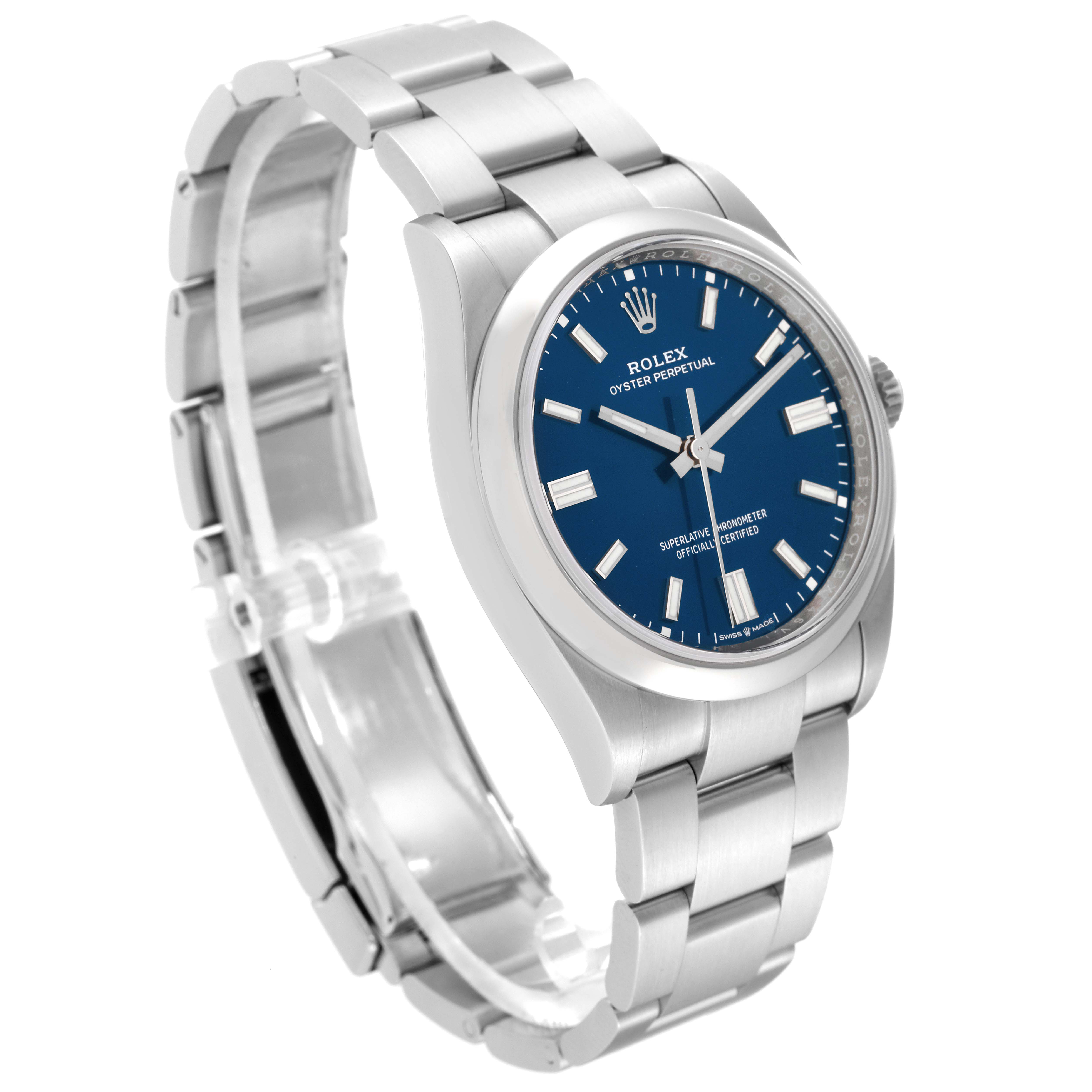 The watch shown is a Rolex Oyster Perpetual 126000 Men
s Stainless Steel Blue Dial 126000 Men
s Stainless Steel Blue Dial model, displayed at an angled view highlighting the blue dial and stainless steel bracelet.