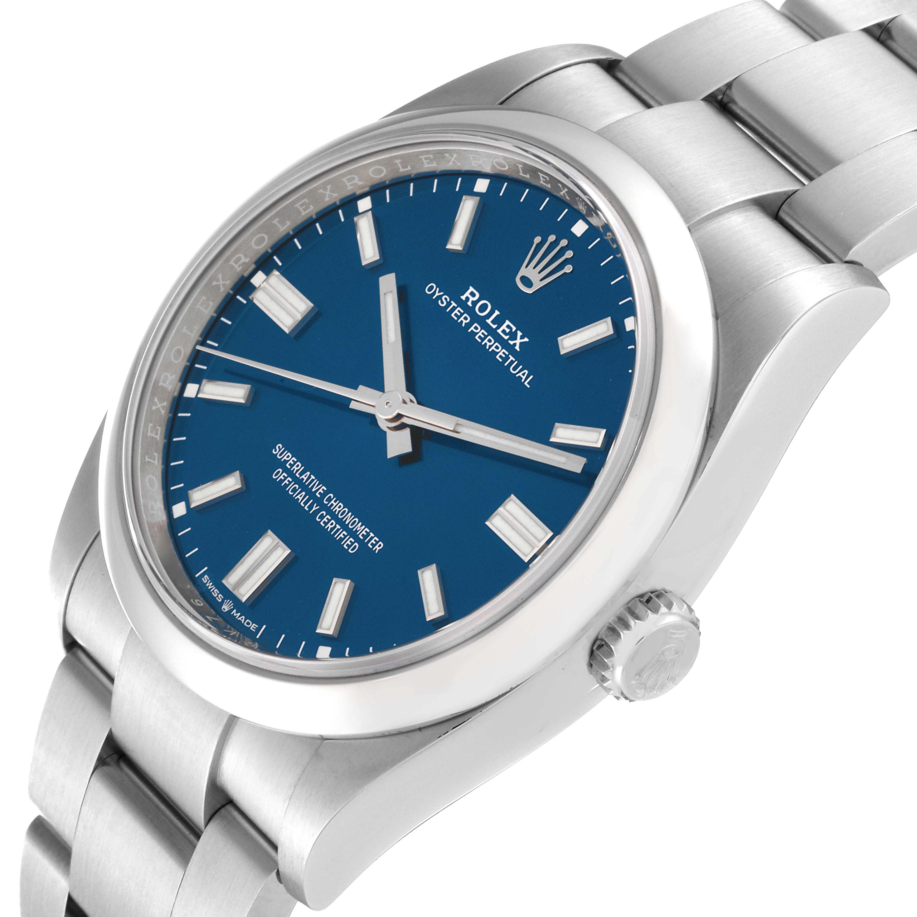 The image shows a side angle view of a Rolex Oyster Perpetual 126000 Men
s Stainless Steel Blue Dial 126000 Men
s Stainless Steel Blue Dial watch, highlighting the blue dial, crown, and stainless steel bracelet.
