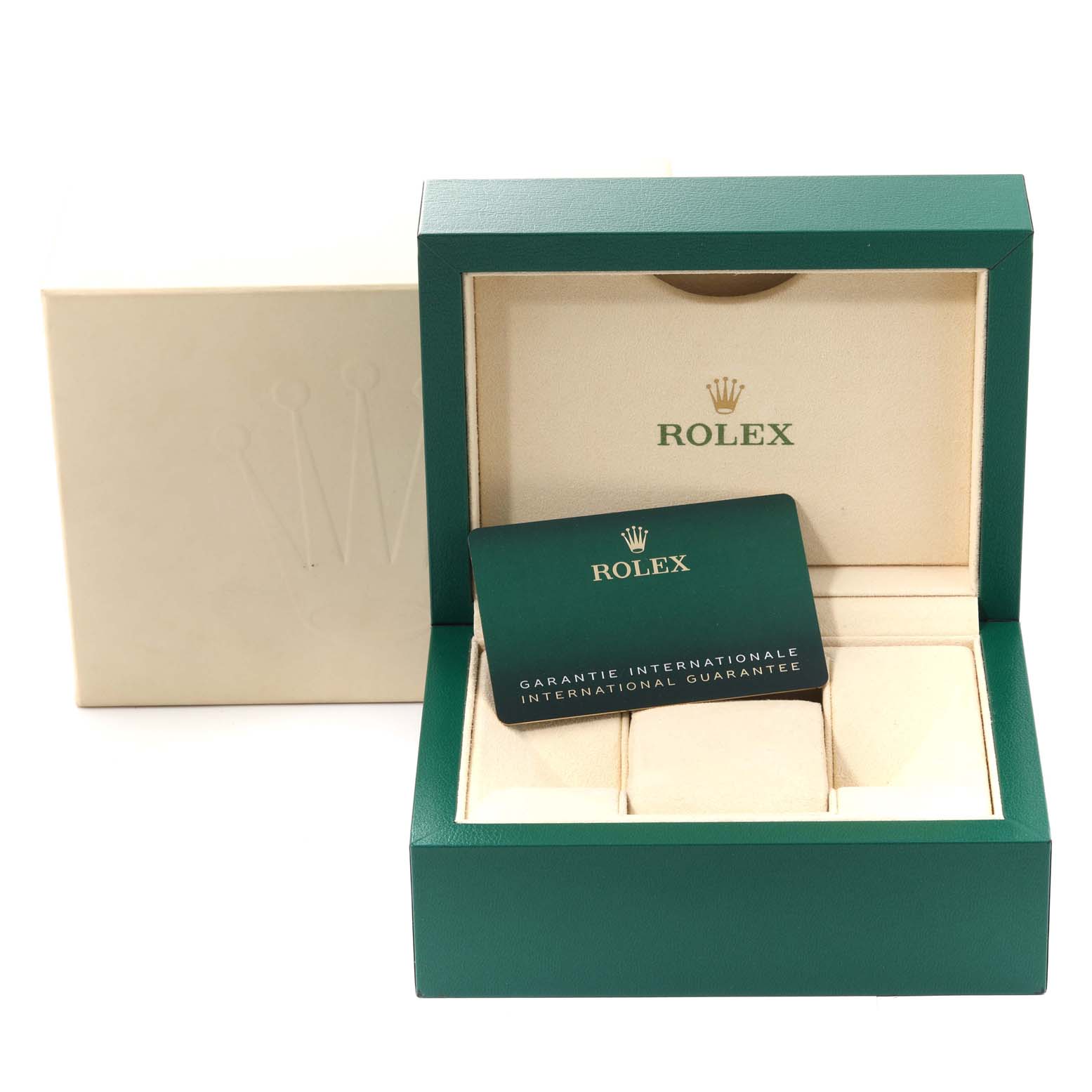 The image shows a Rolex Oyster Perpetual 126000 Men
s Stainless Steel Blue Dial 126000 Men
s Stainless Steel Blue Dial watch box, including the green outer box and the international guarantee card.