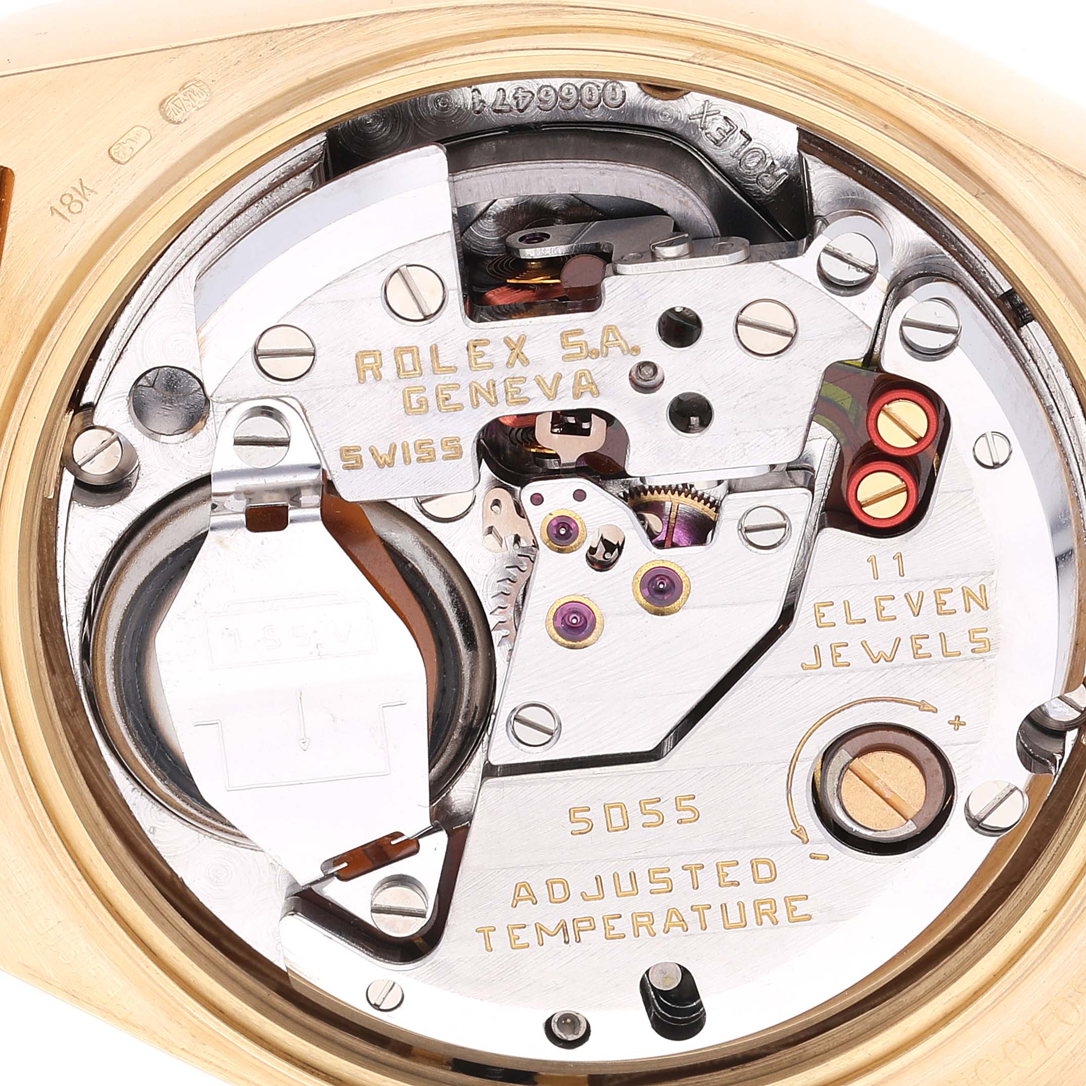 The image shows the detailed internal mechanism of a Rolex President 19018 Men's Yellow Gold Black Dial 19018 Men's Yellow Gold Black Dial model watch from a top view angle.