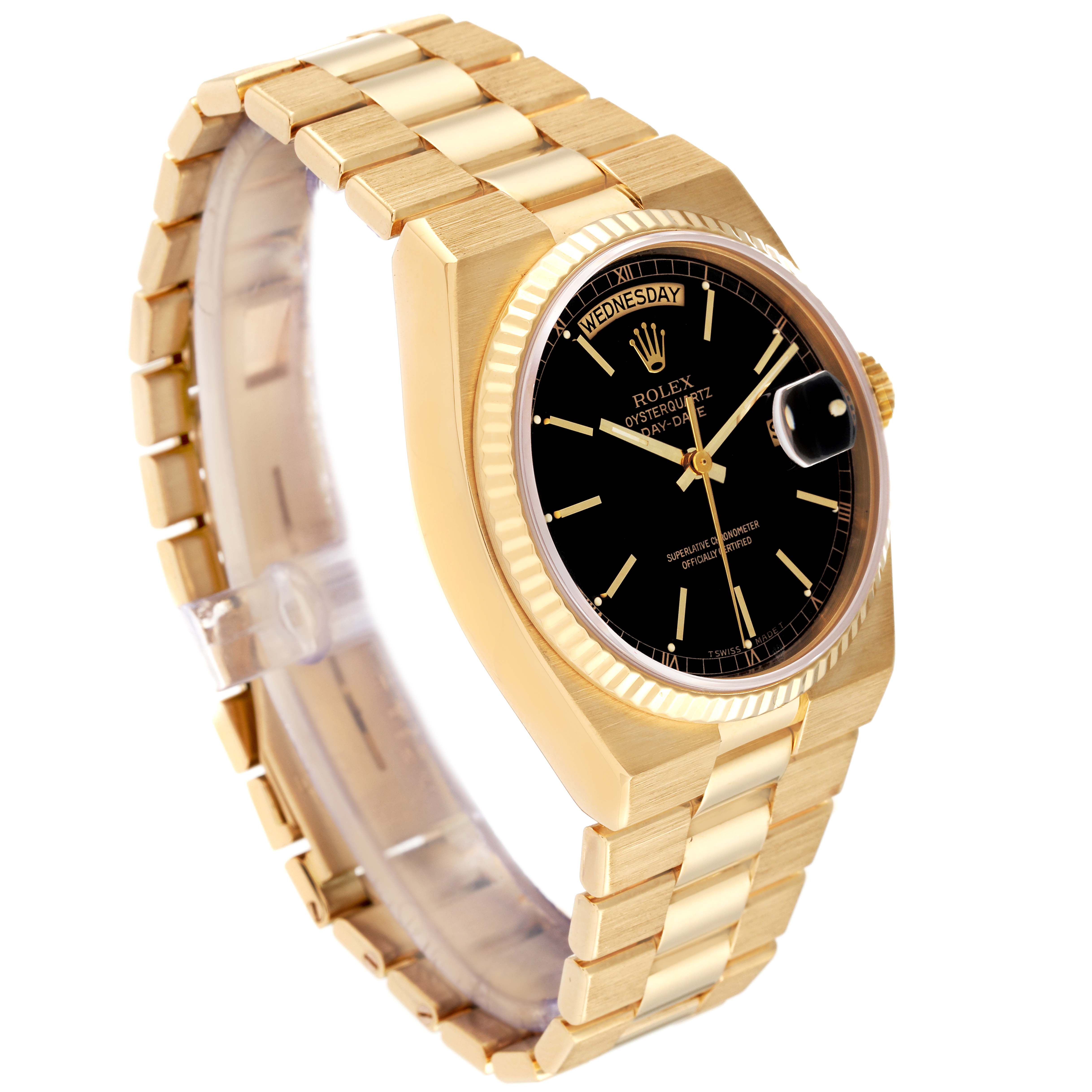 The Rolex President 19018 Men's Yellow Gold Black Dial 19018 Men's Yellow Gold Black Dial model watch is shown at a three-quarters angle, displaying the dial, bezel, and band.