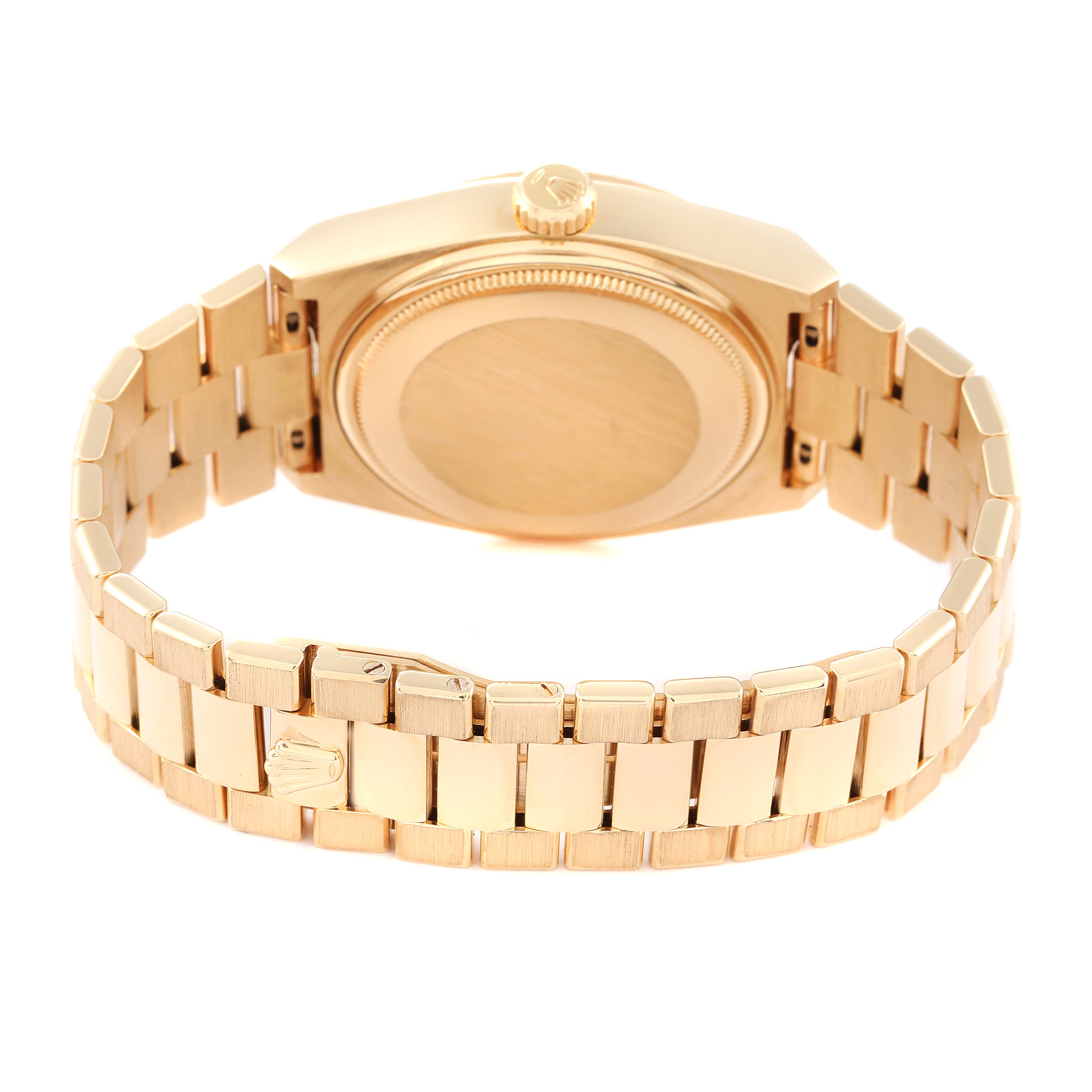 The image shows the back view of the casing and bracelet of a Rolex President 19018 Men's Yellow Gold Black Dial 19018 Men's Yellow Gold Black Dial model watch.