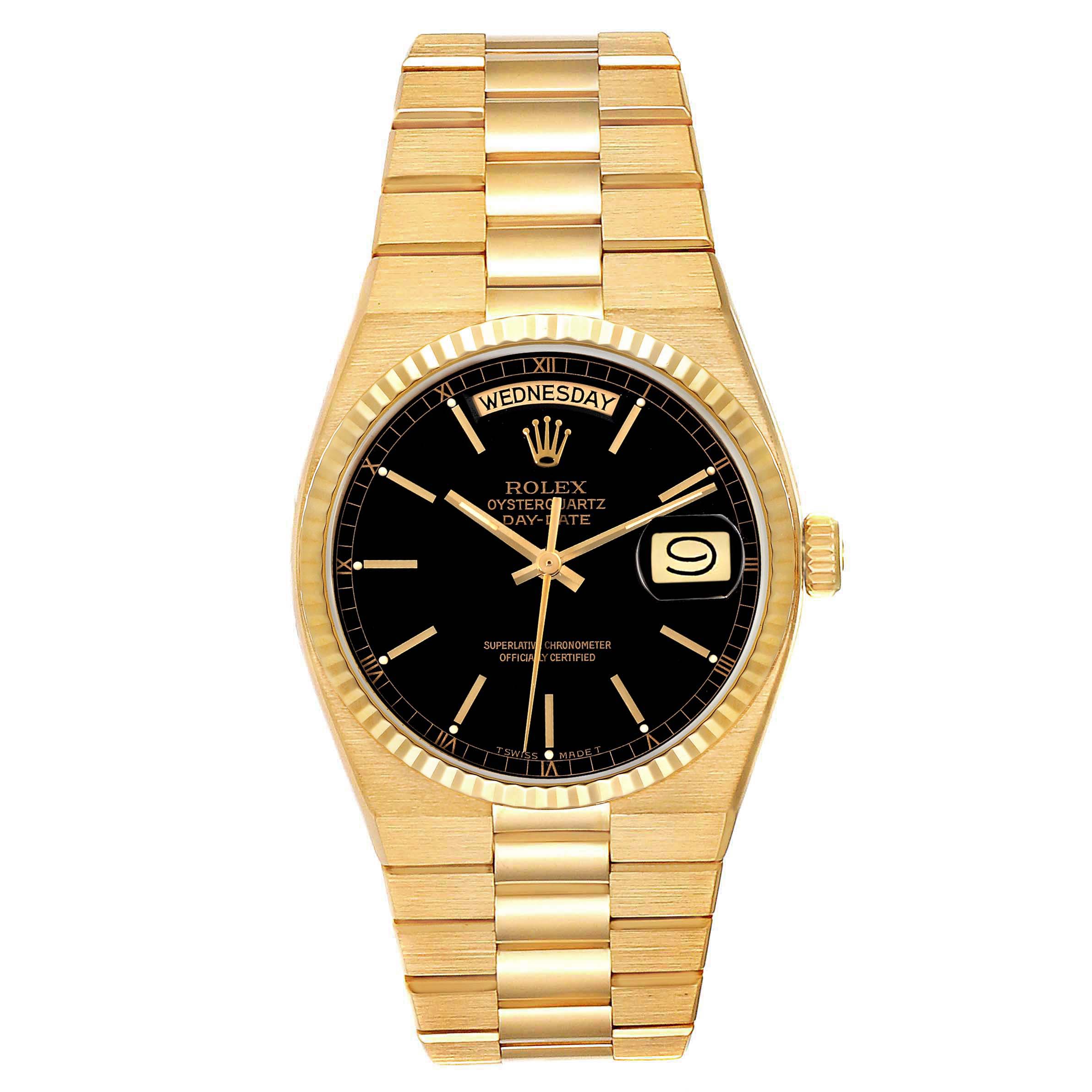 The image shows a full frontal view of a Rolex President 19018 Men's Yellow Gold Black Dial 19018 Men's Yellow Gold Black Dial model watch, displaying the face, bezel, crown, and bracelet.