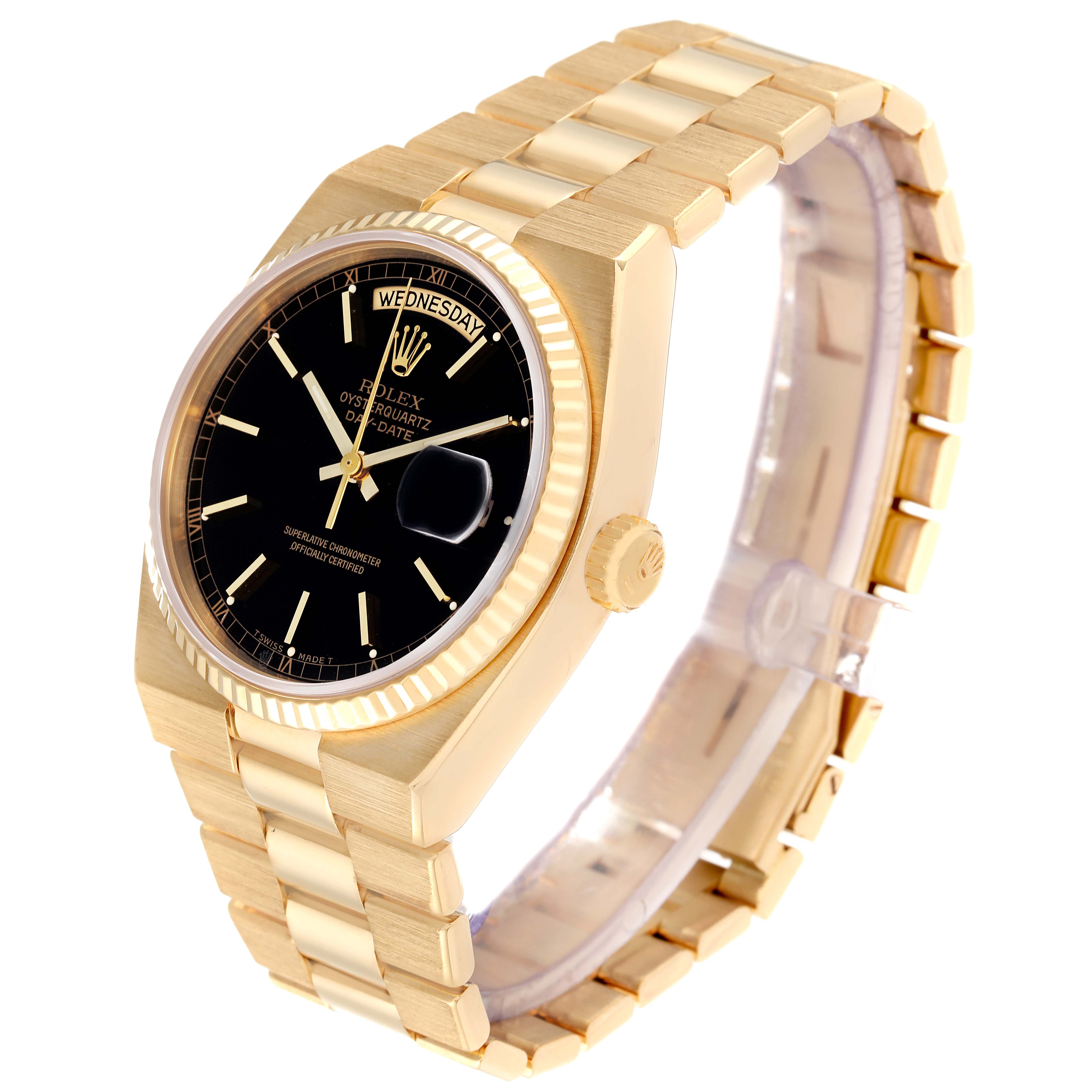 The Rolex President 19018 Men's Yellow Gold Black Dial 19018 Men's Yellow Gold Black Dial watch model is shown at a slight angle, highlighting the black dial, gold-toned case, and bracelet.