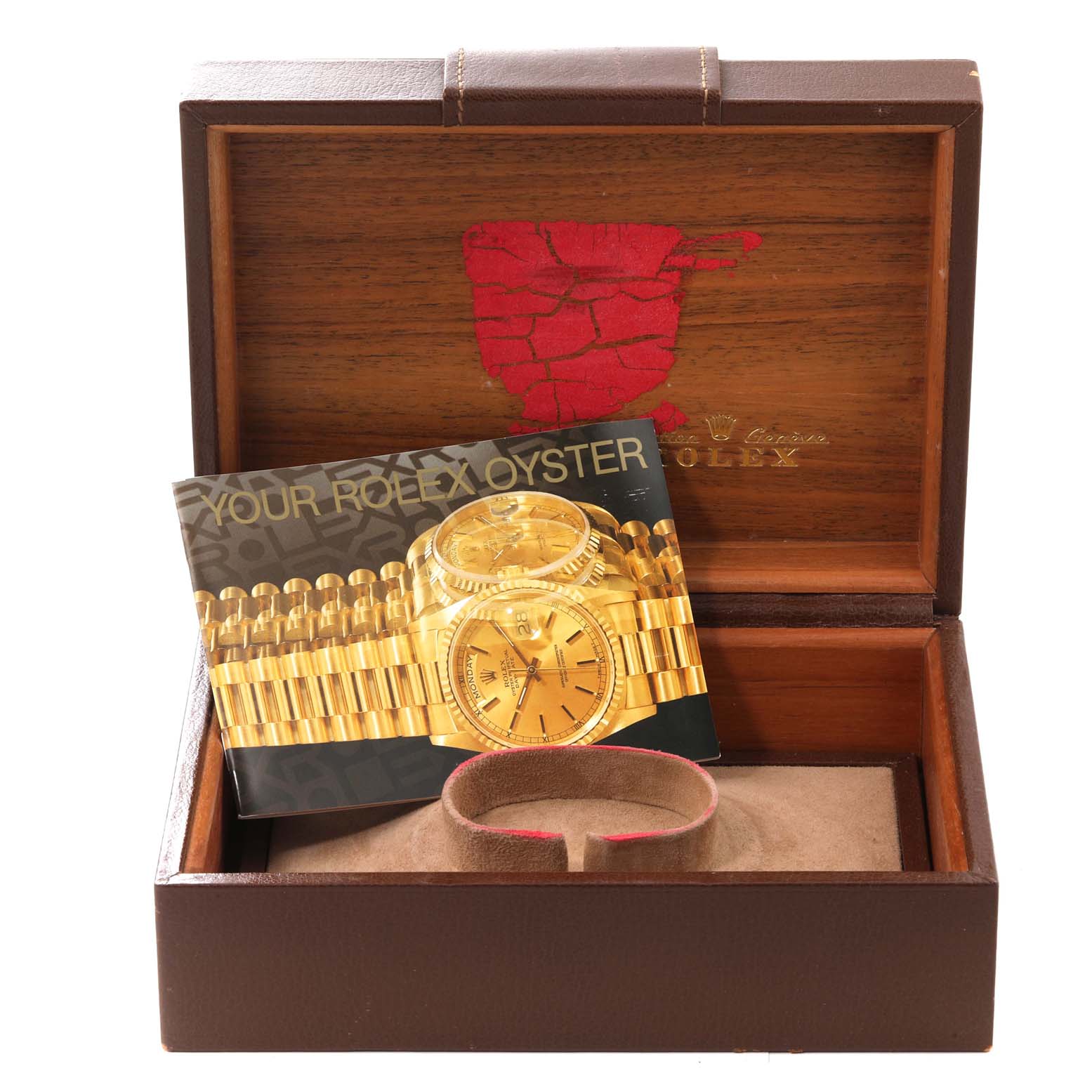 The image shows a brochure and an empty watch holder inside a Rolex box, indicating the Rolex President 19018 Men's Yellow Gold Black Dial 19018 Men's Yellow Gold Black Dial model.
