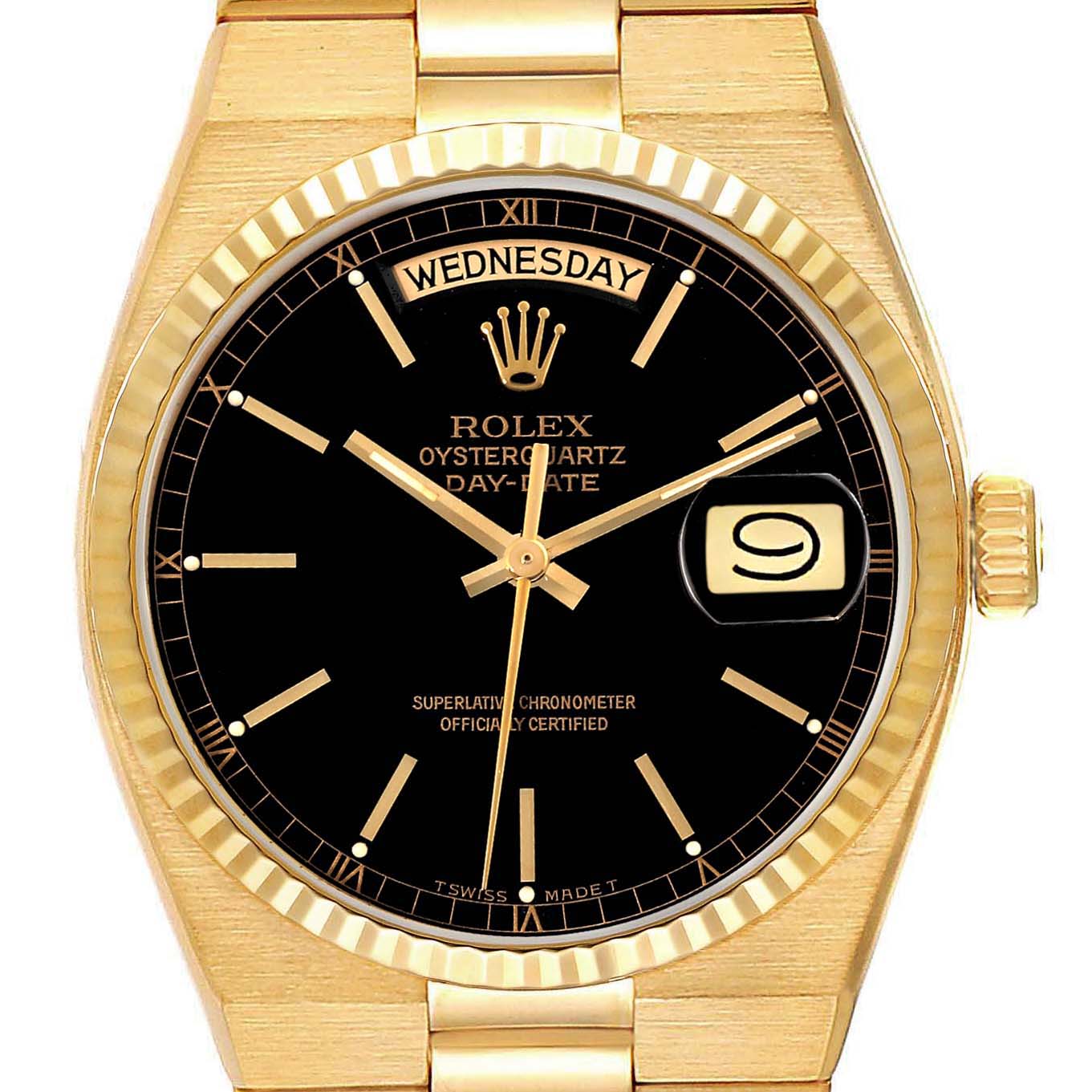 This image shows a front view of the Rolex President 19018 Men's Yellow Gold Black Dial 19018 Men's Yellow Gold Black Dial Oysterquartz Day-Date watch, highlighting its gold case, black dial, and day-date functions.