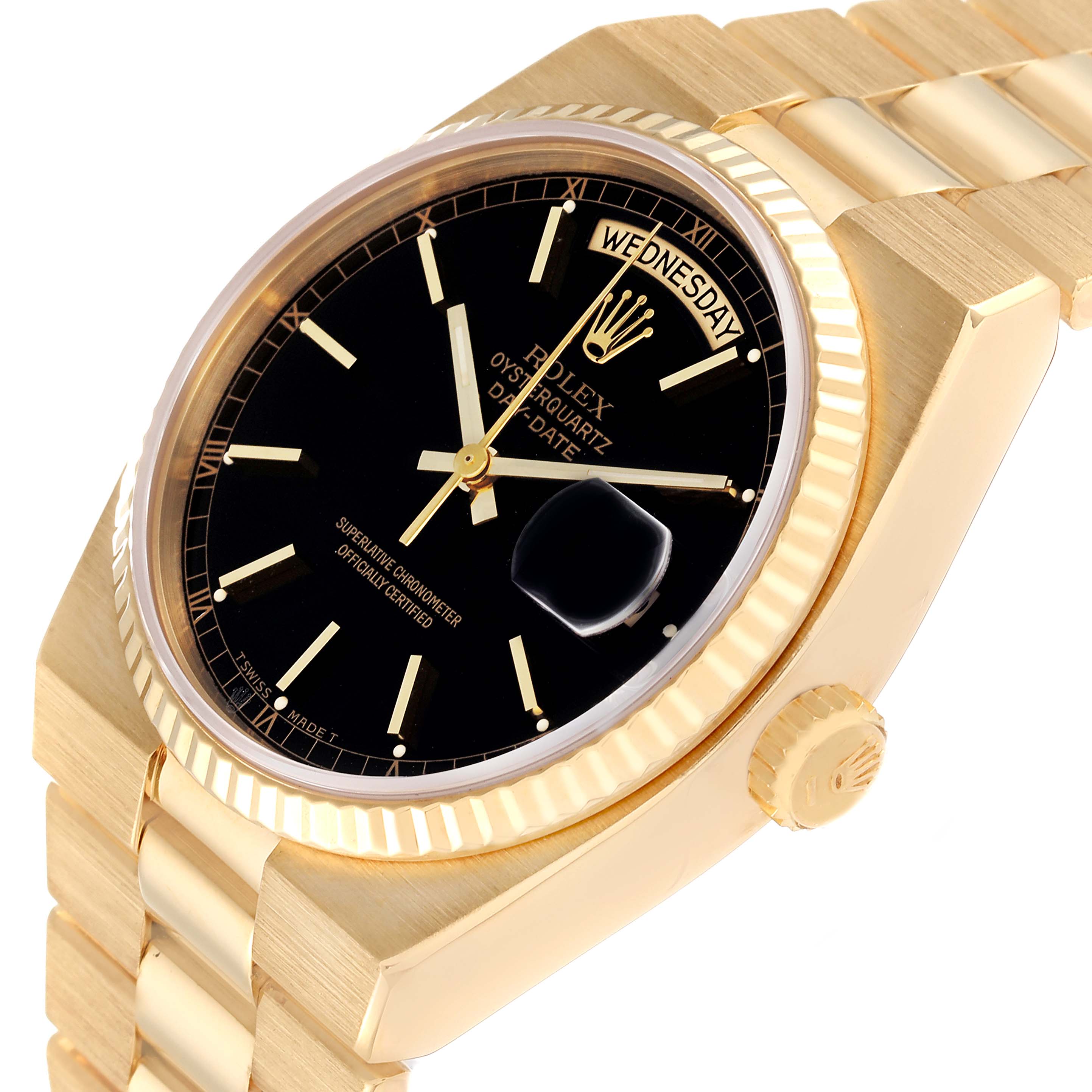 This image shows a Rolex President 19018 Men's Yellow Gold Black Dial 19018 Men's Yellow Gold Black Dial model watch from an angled view, displaying the face, bezel, bracelet, and crown.