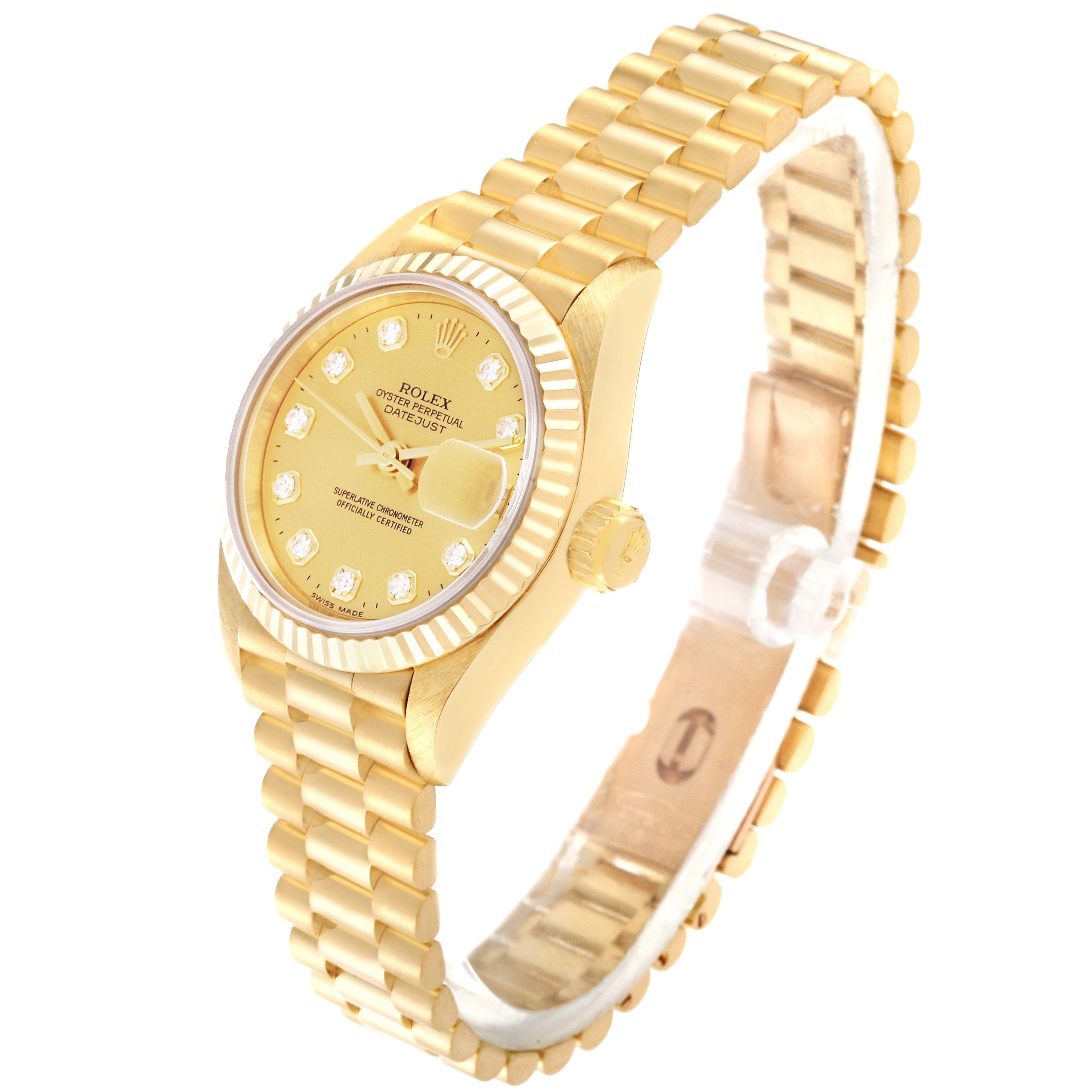 The watch shown is a Rolex Datejust 69178 Women's Yellow Gold Champagne Dial 69178 Women's Yellow Gold Champagne Dial model, displayed at a three-quarter angle, showcasing its face, bezel, crown, and bracelet.