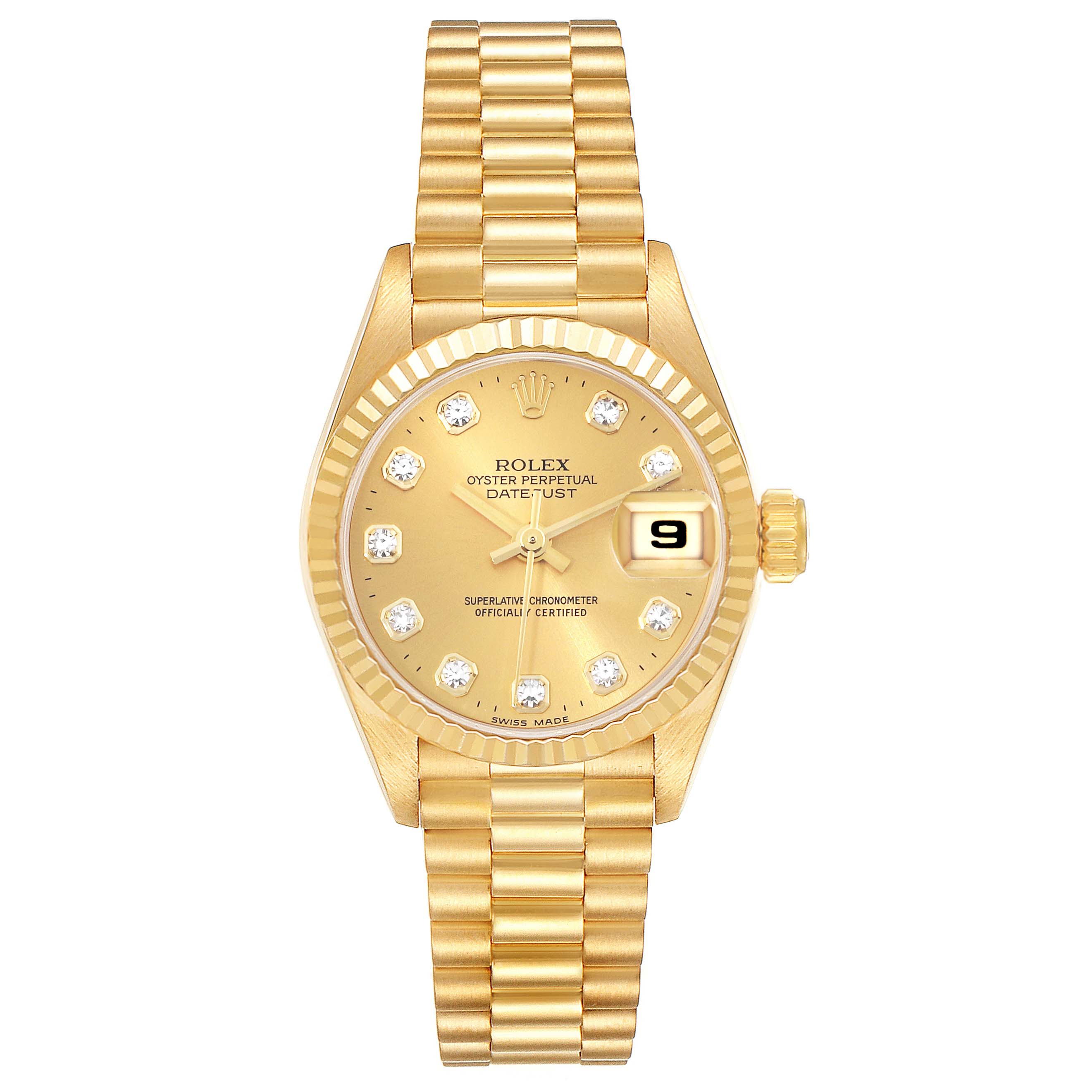 The image shows a front view of the Rolex Datejust 69178 Women's Yellow Gold Champagne Dial 69178 Women's Yellow Gold Champagne Dial watch with a gold dial, bracelet, and diamond hour markers.
