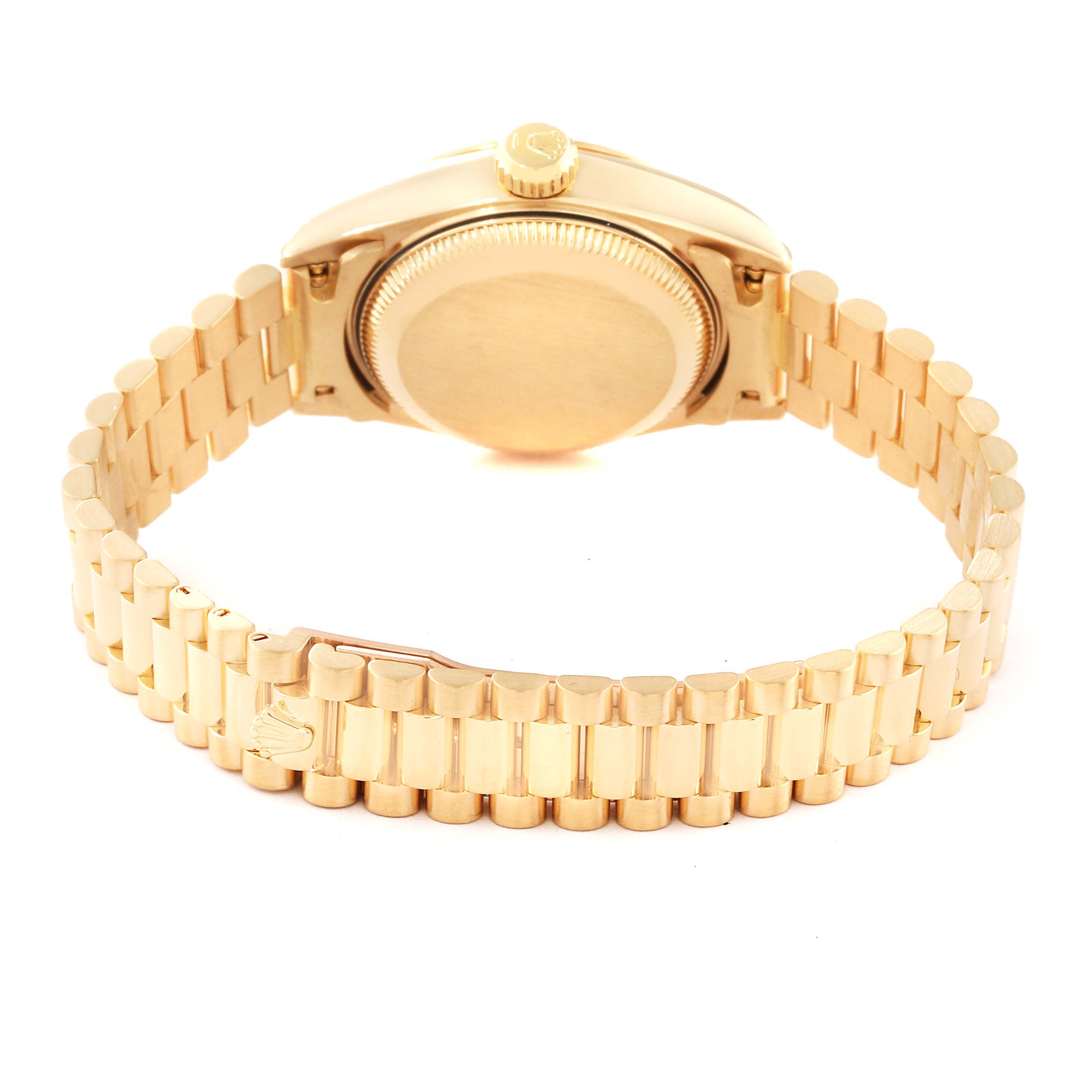 This image shows the back view of a Rolex Datejust 69178 Women's Yellow Gold Champagne Dial 69178 Women's Yellow Gold Champagne Dial watch, focusing on the closed caseback and the bracelet.