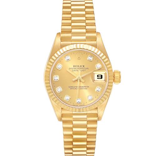 The Rolex Datejust watch is displayed from a front angle, showcasing its dial, bracelet, fluted bezel, and date window.