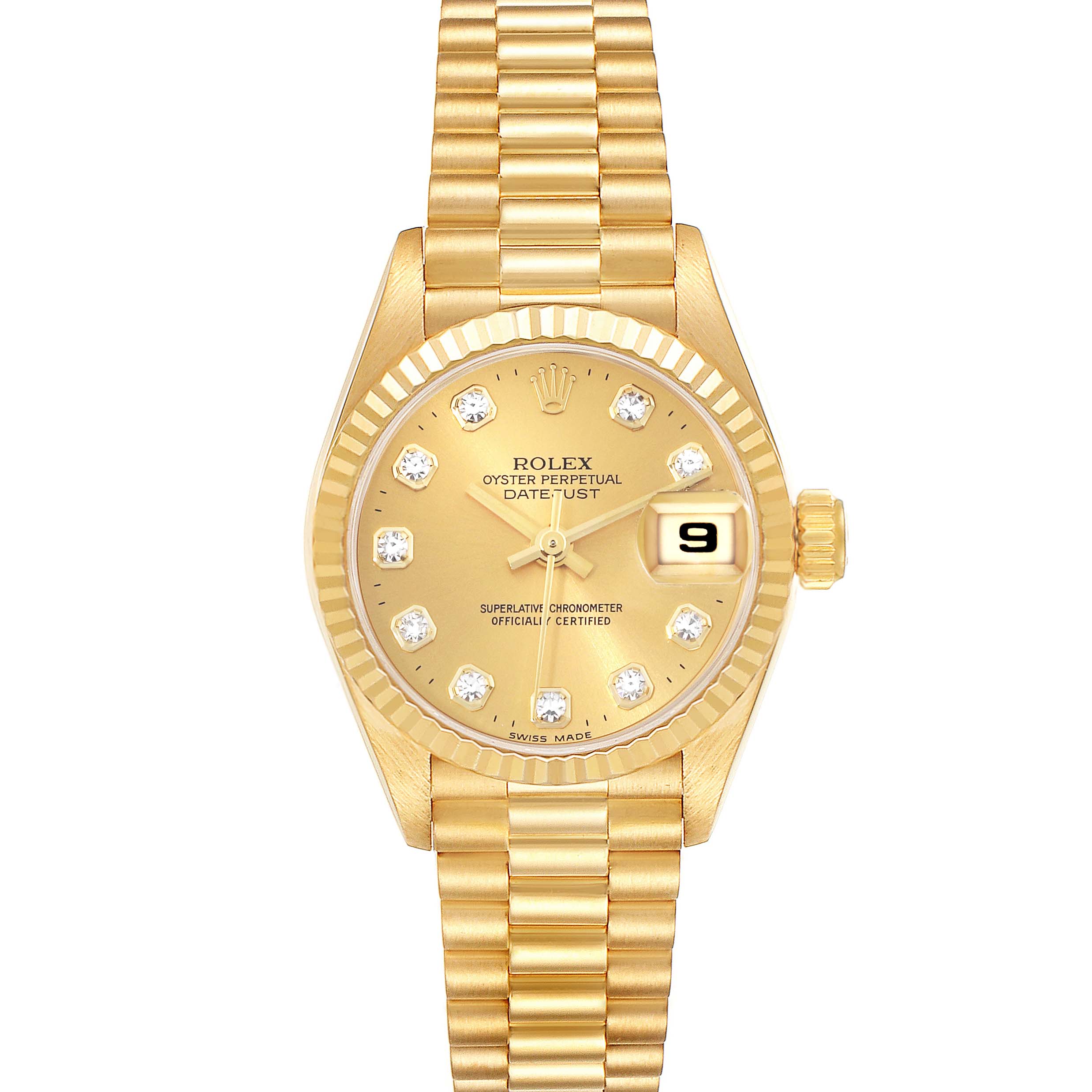 The image shows a Rolex Datejust 69178 Women's Yellow Gold Champagne Dial 69178 Women's Yellow Gold Champagne Dial watch from the front, highlighting its gold dial, diamond hour markers, and gold bracelet.
