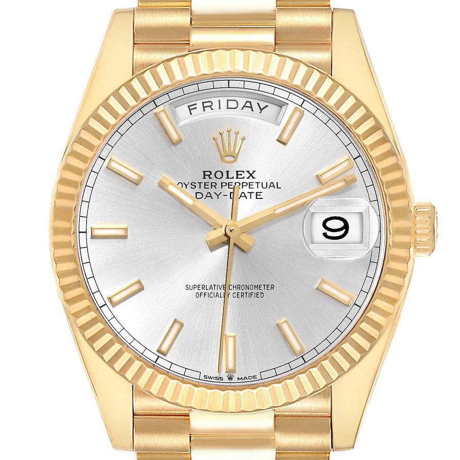 Rolex President Day Date 40 Yellow Gold Silver Dial Mens Watch 228238 Box Card SwissWatchExpo