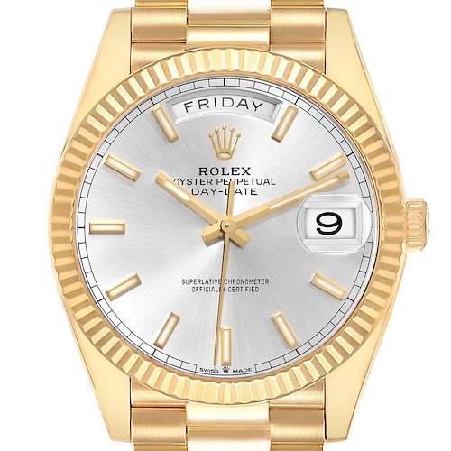 Photo of Rolex President Day Date 40 Yellow Gold Silver Dial Mens Watch 228238 Box Card