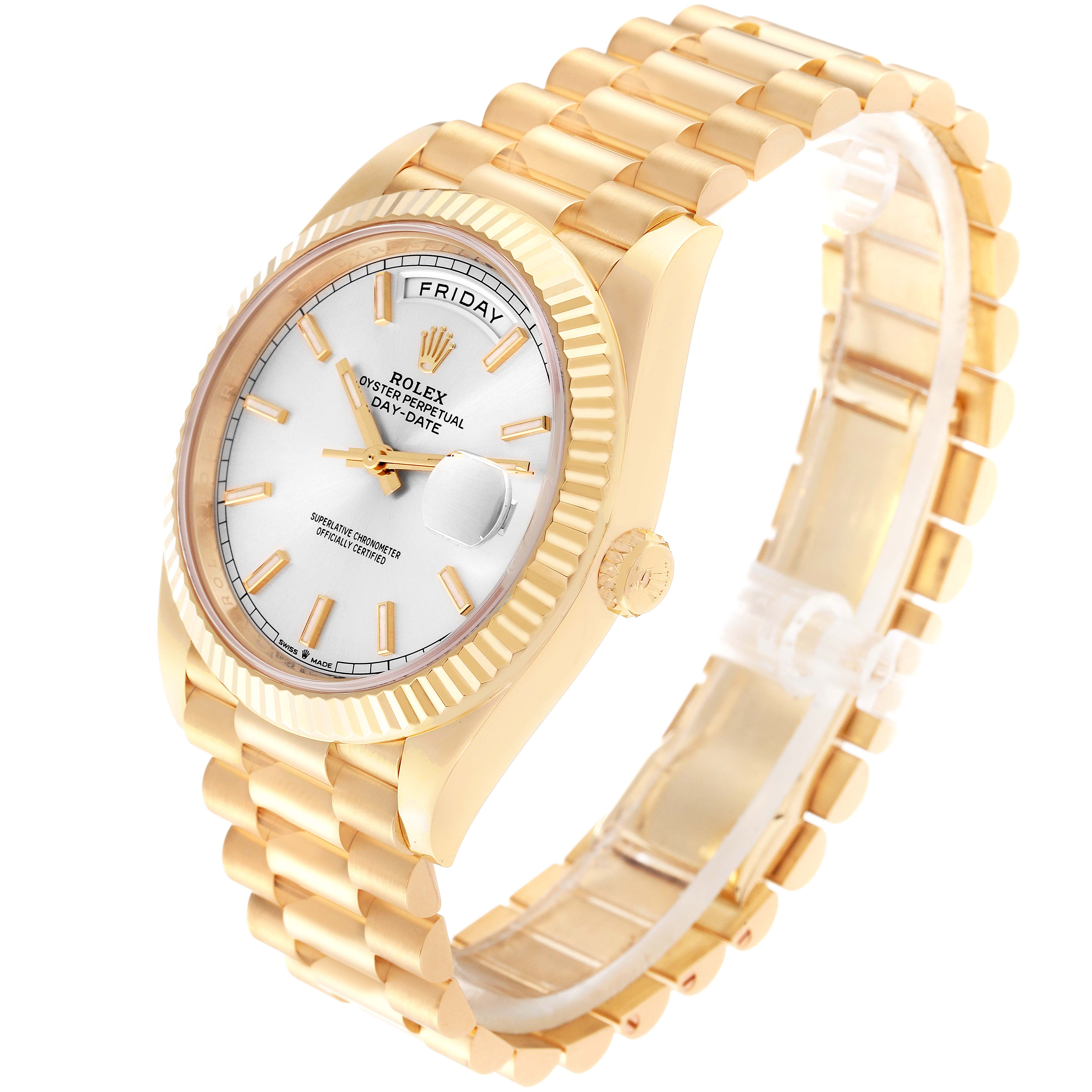 The image shows a Rolex President 228238 Men
s Yellow Gold Silver Dial 228238 Men
s Yellow Gold Silver Dial watch at a three-quarter angle, highlighting the dial, bezel, crown, and bracelet.