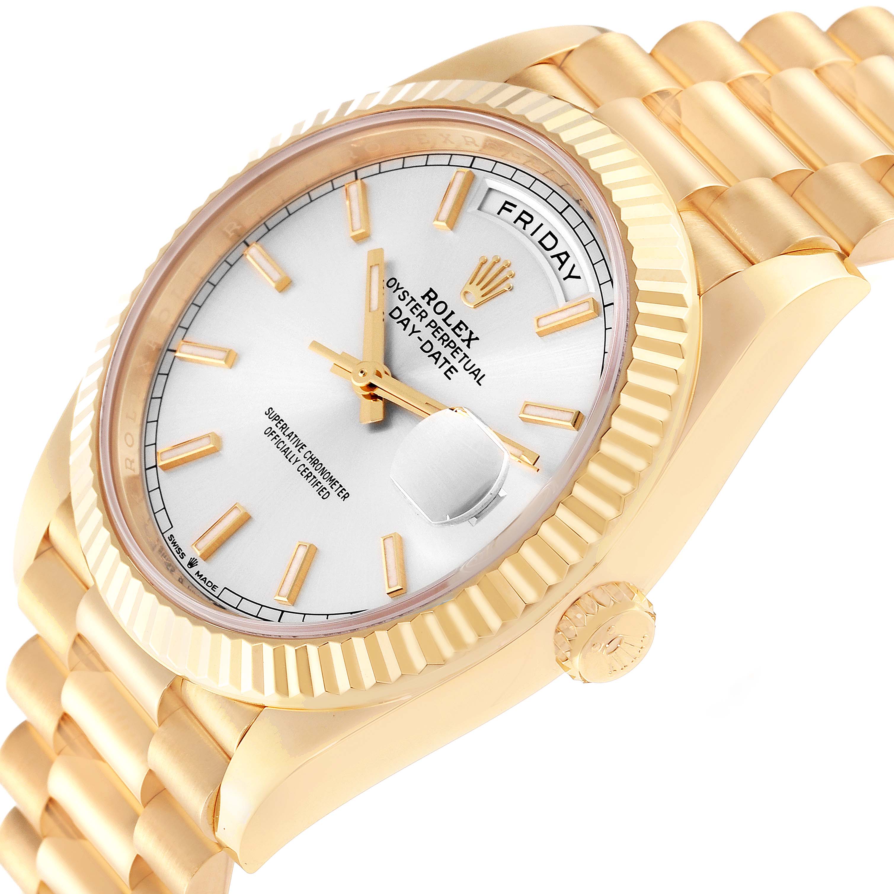 The image shows a close-up angle of the Rolex President 228238 Men
s Yellow Gold Silver Dial 228238 Men
s Yellow Gold Silver Dial model, highlighting the watch face, bezel, crown, and part of the bracelet.