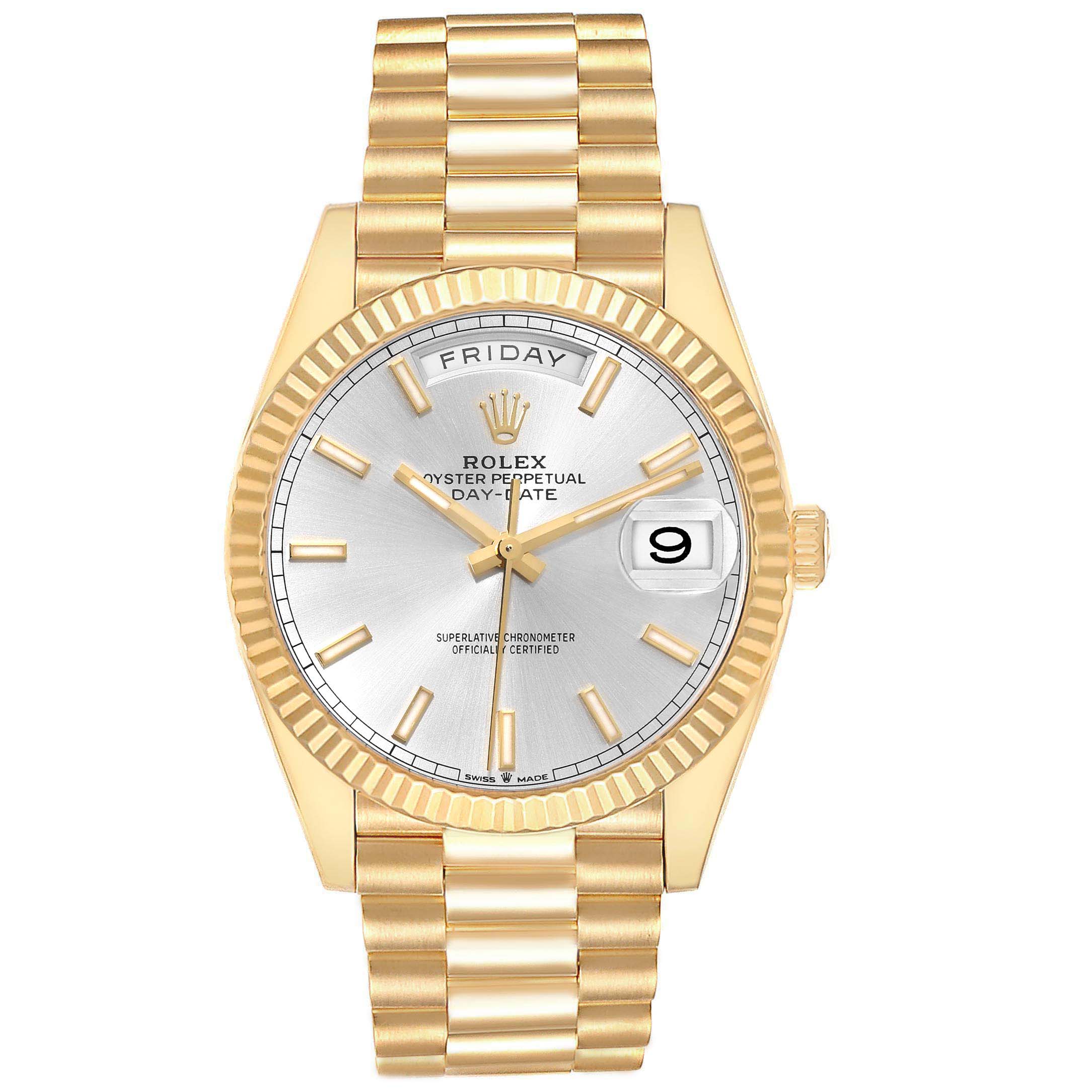 This image shows the full face and bracelet of the Rolex President 228238 Men
s Yellow Gold Silver Dial 228238 Men
s Yellow Gold Silver Dial model watch from a straight-on angle.