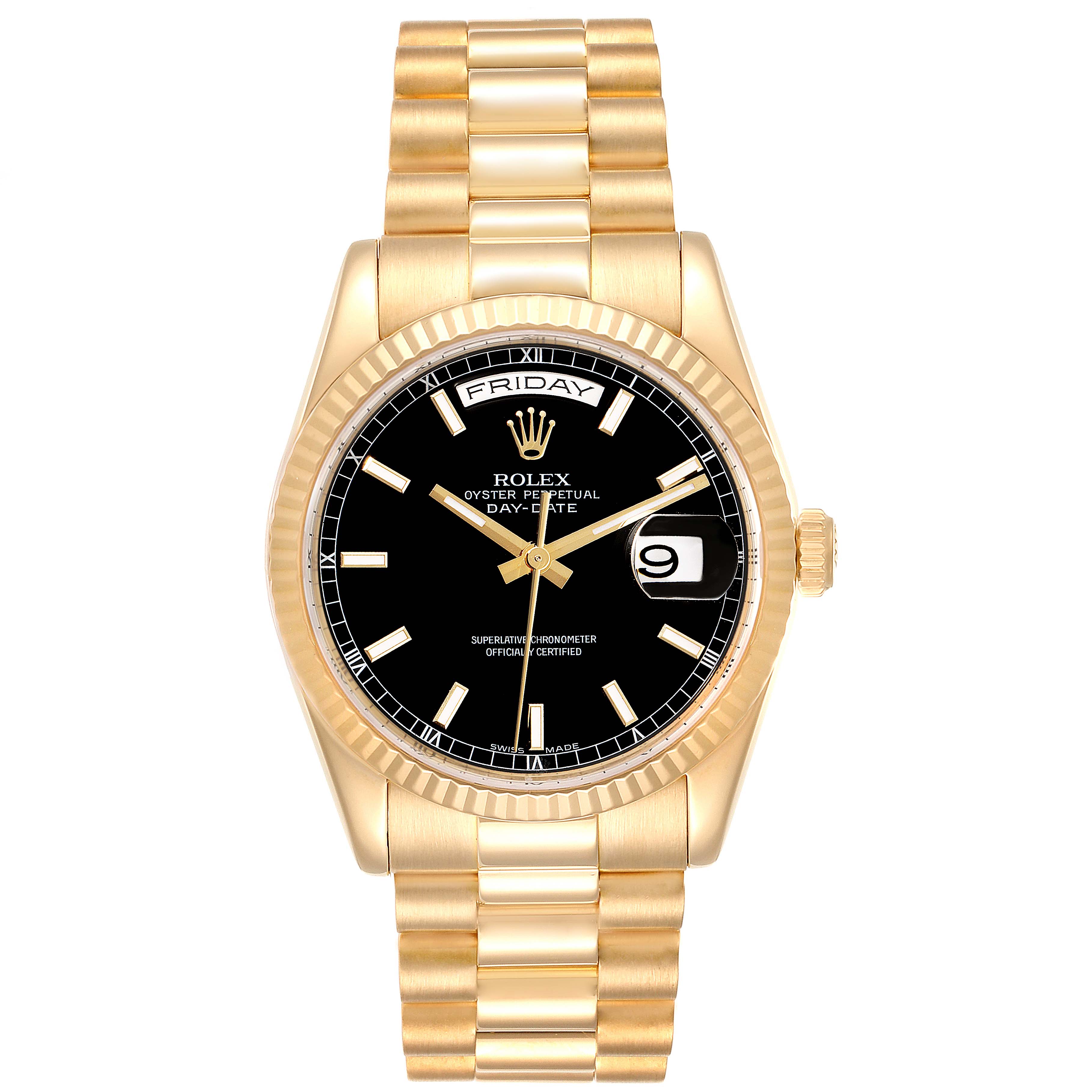 The image shows a Rolex President 118238 Men
s Yellow Gold Black Dial 118238 Men
s Yellow Gold Black Dial model watch from a front angle, highlighting the black dial, day-date display, and gold bracelet.