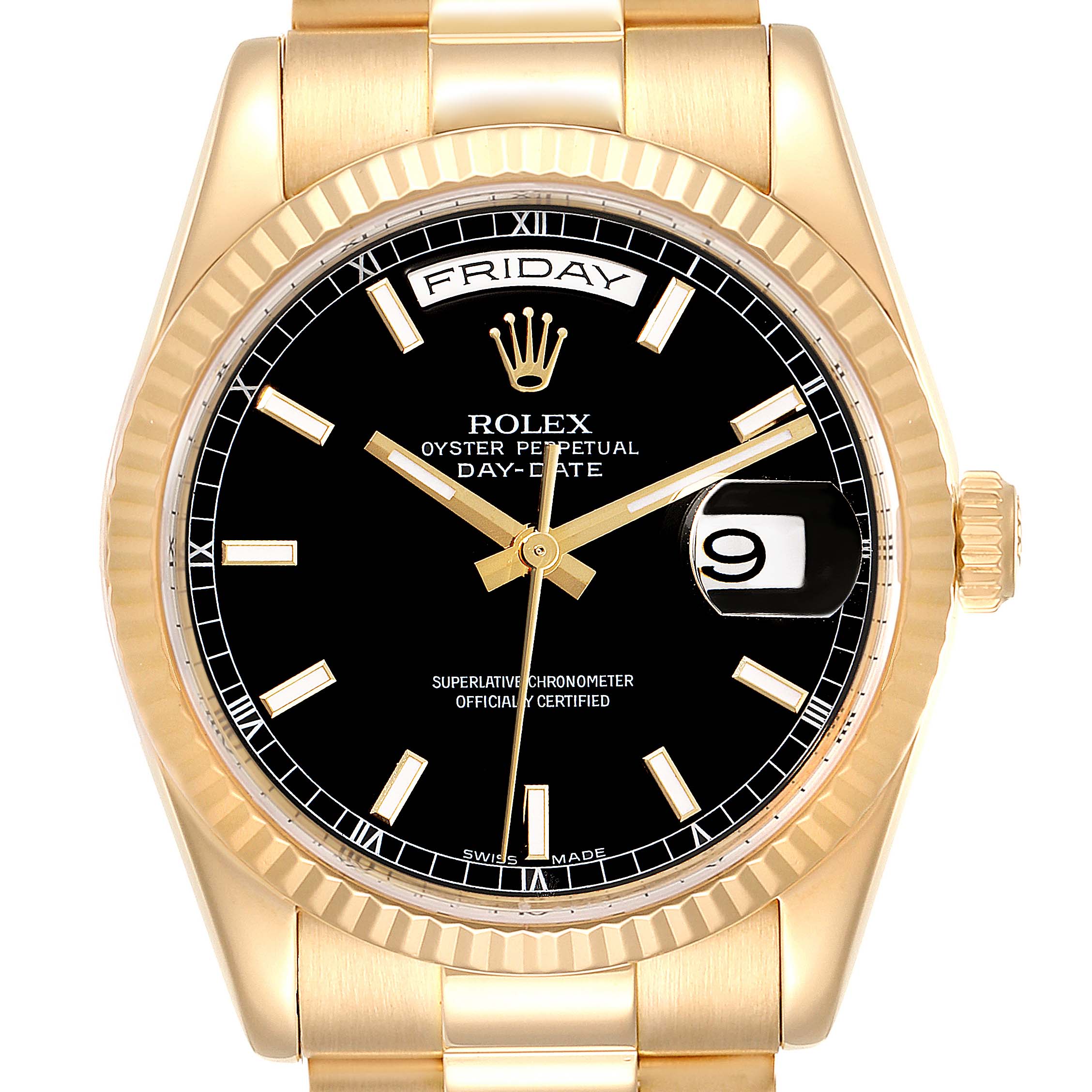 This image shows a frontal view of the Rolex President 118238 Men
s Yellow Gold Black Dial 118238 Men
s Yellow Gold Black Dial model watch, highlighting the dial, hands, date window, and day display.
